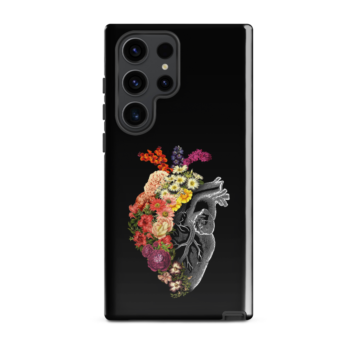 The design is an intricate and anatomical drawing of a human heart on a black background. The left side of the heart morphs into a vibrant assortment of colorful flowers, including roses, daisies, and other blooming blossoms, creating a striking contrast between the realistic and the surreal, symbolizing the harmony between nature and humanity.