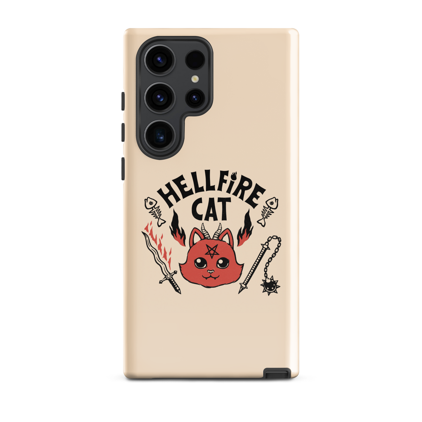 Vintage-style illustration of a cute red devil cat with small horns and a pentagram on its forehead, surrounded by flames, weapons, fish skeletons, and the bold phrase “Hellfire Cat” in a playful gothic design.