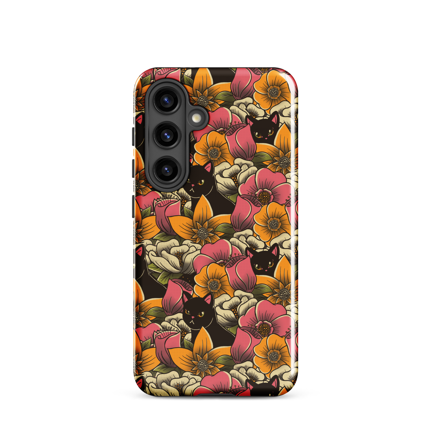 The image features a repeating pattern of colorful flowers in pink, yellow, and cream hues with lush green foliage. Interspersed among the flowers are playful black cats with bright eyes. The design has a whimsical and vibrant feel, ideal for various products like t-shirts, stickers, coffee cups, and skateboards. The style is reminiscent of traditional floral art blended with playful elements of animal decor.