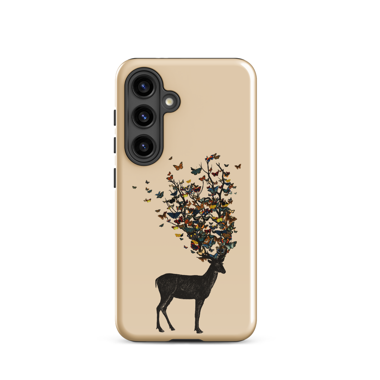 The image depicts a dark, silhouetted deer standing on a neutral background. Instead of branches, its antlers transform into a swirling cloud of vibrant, colorful butterflies that extend upwards and outward. The mix of organic and ethereal elements creates a captivating and whimsical visual contrast.