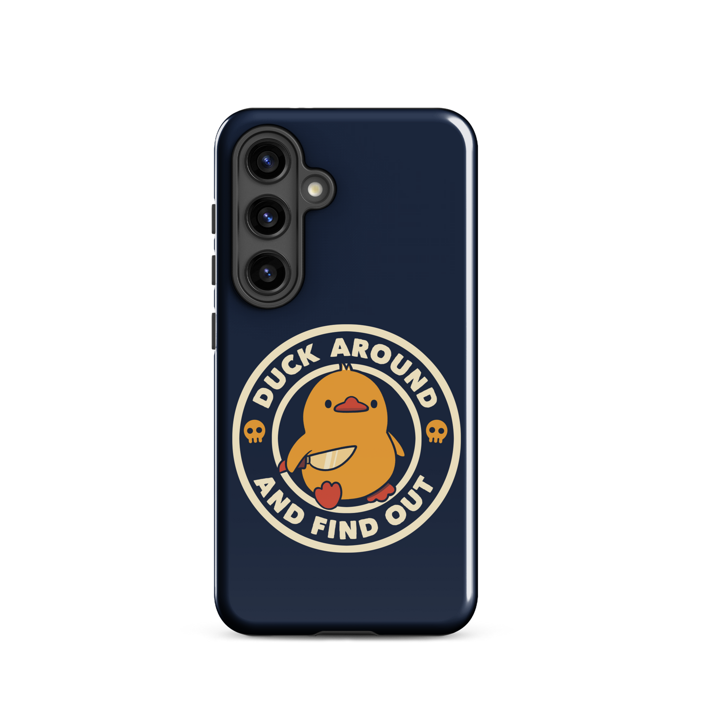 A cute yellow duck holding a small knife, around it the text "Duck Around And Find Out". An art that mixes humor with the temperament of ducks.