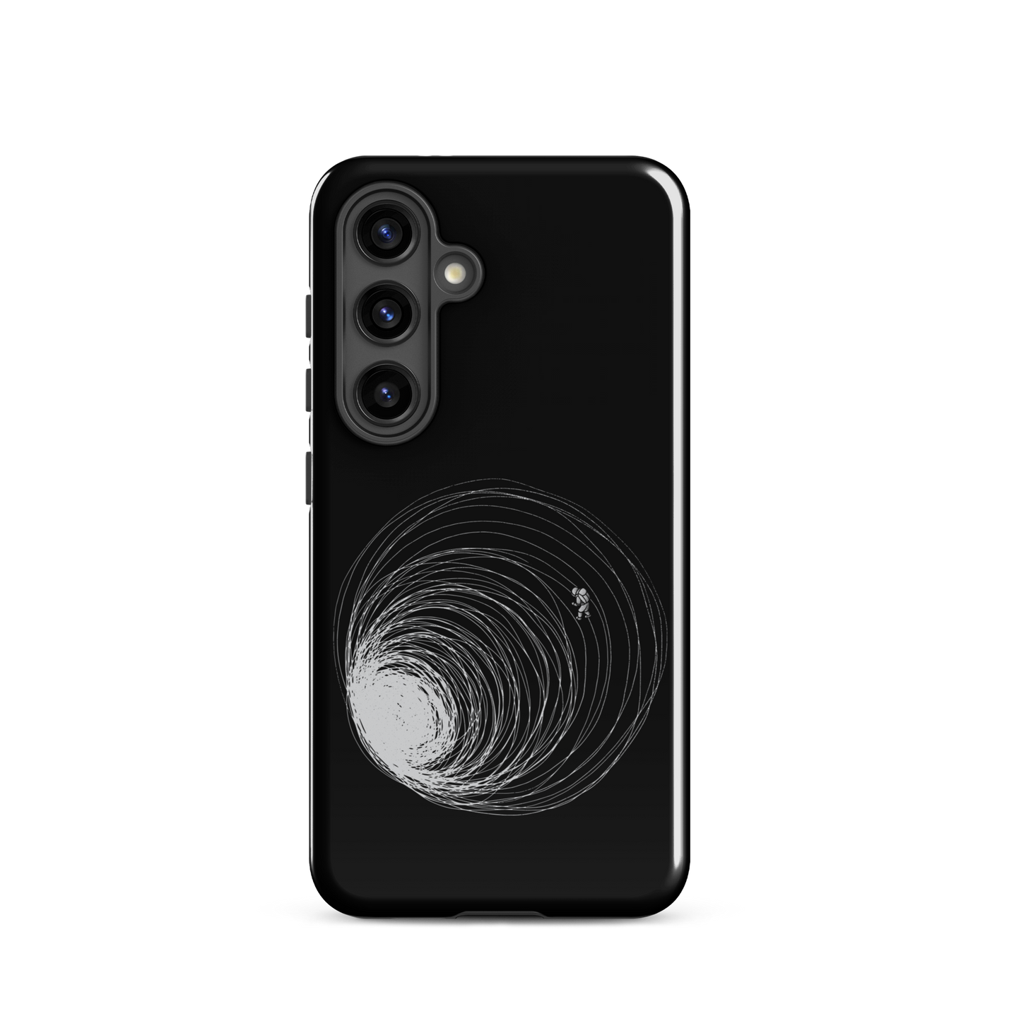 A big black hole with an astronaut floating around as if being sucked into it. A minimalist art perfect for those who love space.