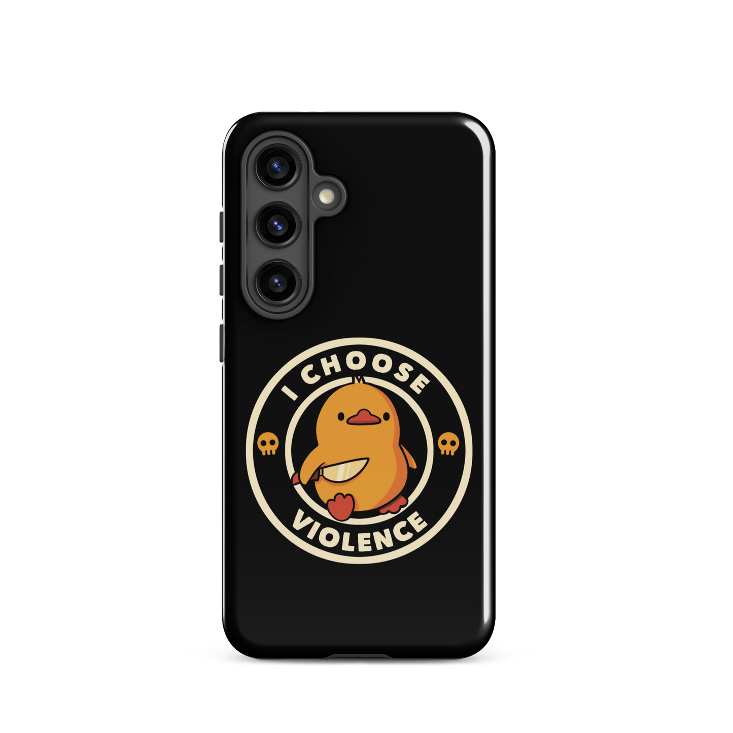 A cute, cartoon-style yellow duckling stands confidently holding a large knife in its wing. The duckling is encircled by text saying 'I CHOOSE VIOLENCE' in bold white letters. Small skull symbols flank the chick on either side, adding a touch of humor and irony to the otherwise adorable drawing.