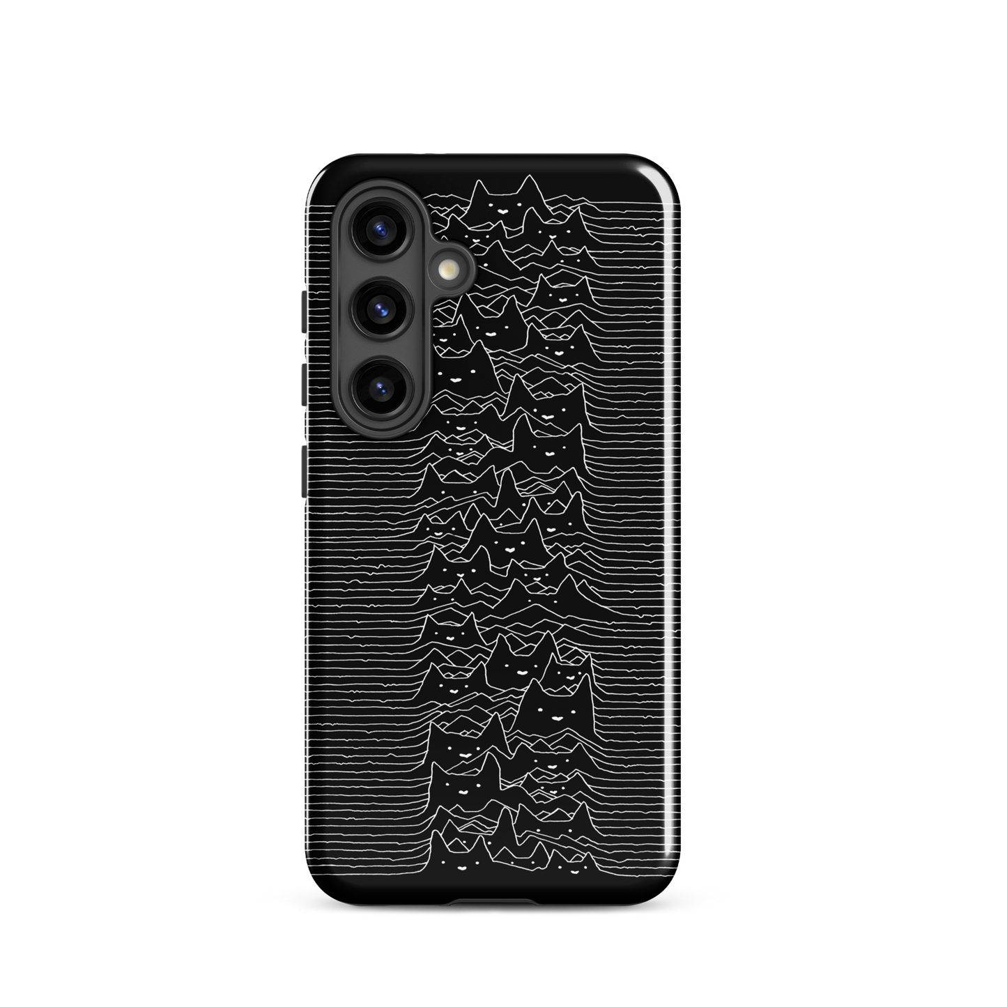 The drawing is a series of continuous wavy lines forming a pattern reminiscent of sound waves or topographic maps, but with an unexpected twist: the lines create the shapes of numerous cat faces stacked vertically. Each cat has simple, expressive features with pointed ears, adding a whimsical element to the otherwise structured pattern.