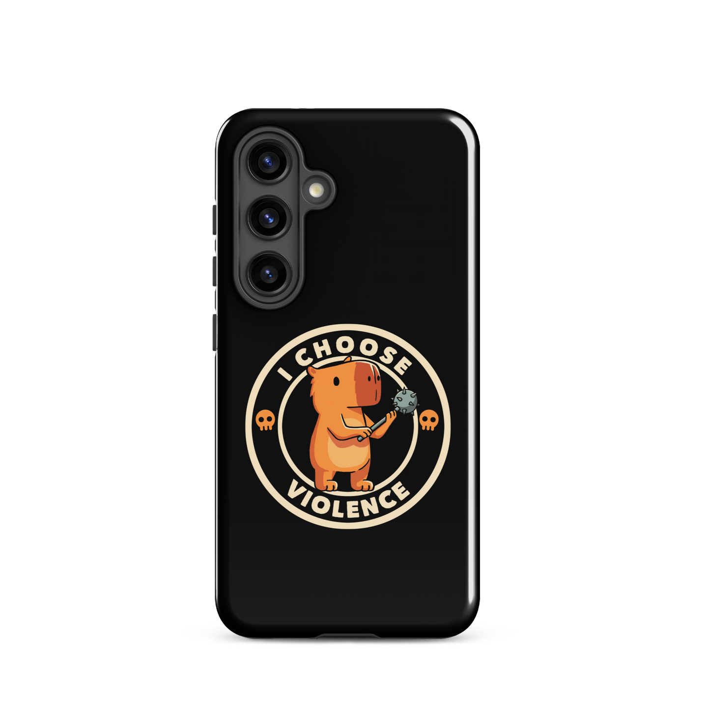 A cute, cartoonish burnt yellow capybara stands holding a spiked mace with a determined expression. Surrounding it is a circular design with the text 'I CHOOSE VIOLENCE' and two small skulls on either side, giving it a humorous yet ironic tone.