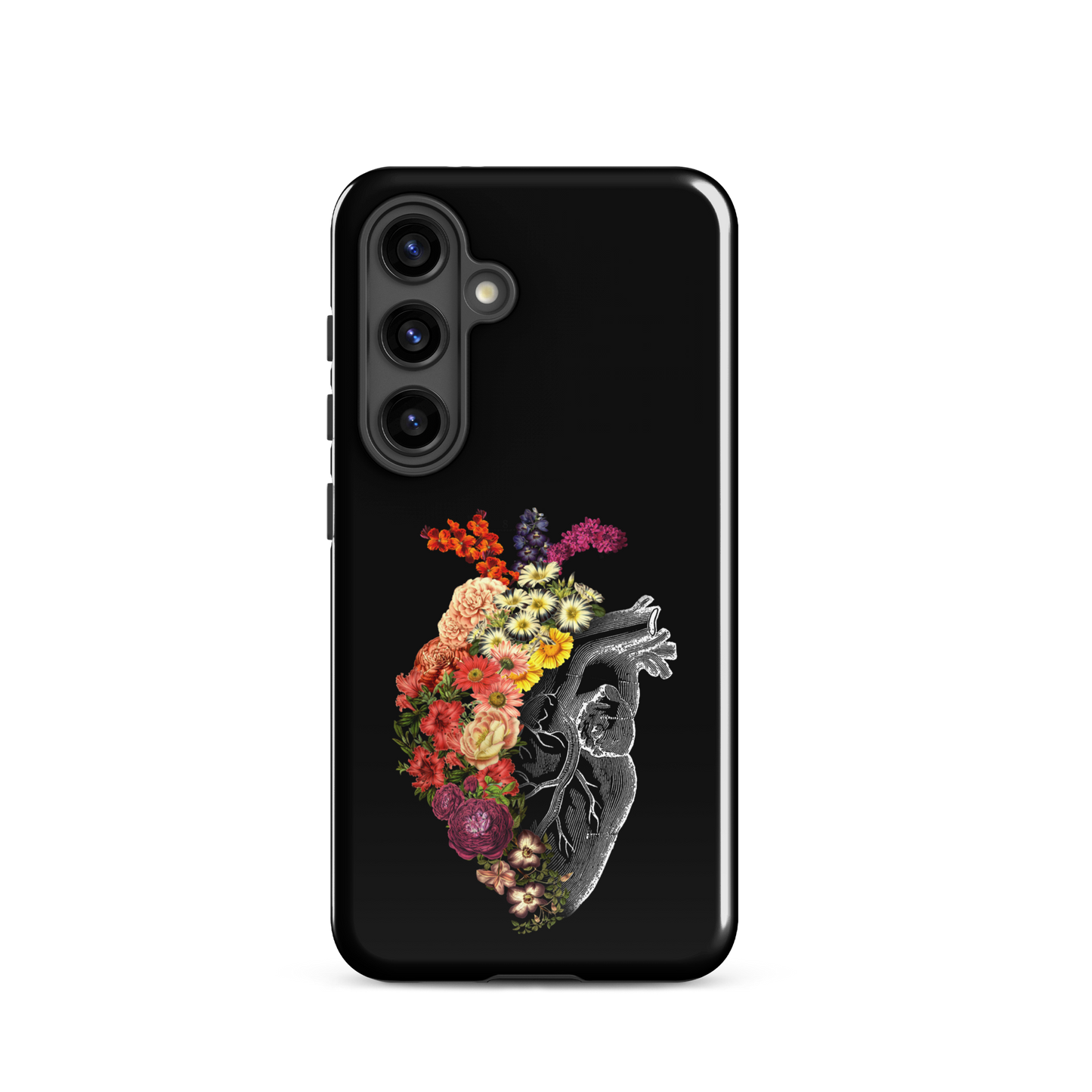 The design is an intricate and anatomical drawing of a human heart on a black background. The left side of the heart morphs into a vibrant assortment of colorful flowers, including roses, daisies, and other blooming blossoms, creating a striking contrast between the realistic and the surreal, symbolizing the harmony between nature and humanity.