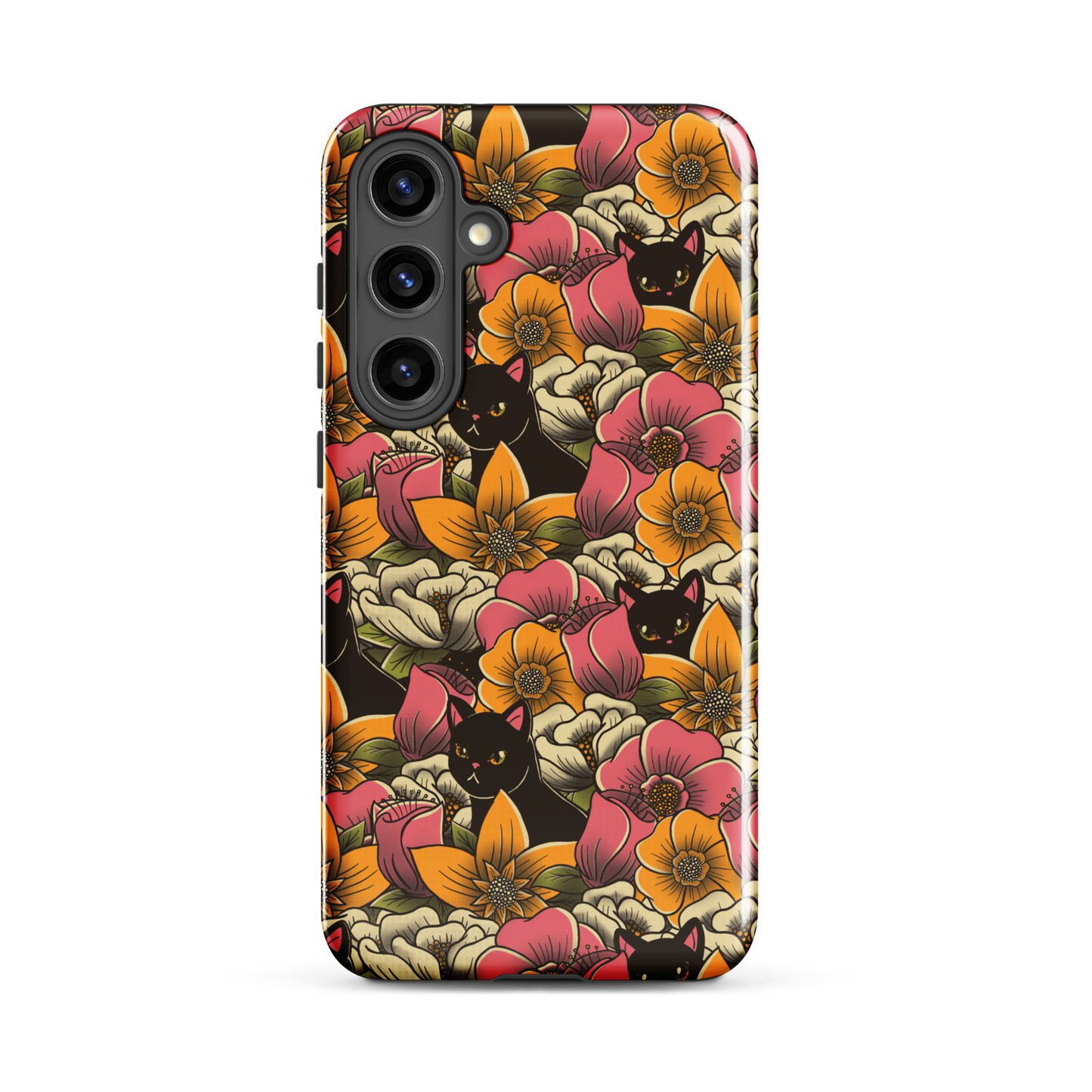 The image features a repeating pattern of colorful flowers in pink, yellow, and cream hues with lush green foliage. Interspersed among the flowers are playful black cats with bright eyes. The design has a whimsical and vibrant feel, ideal for various products like t-shirts, stickers, coffee cups, and skateboards. The style is reminiscent of traditional floral art blended with playful elements of animal decor.