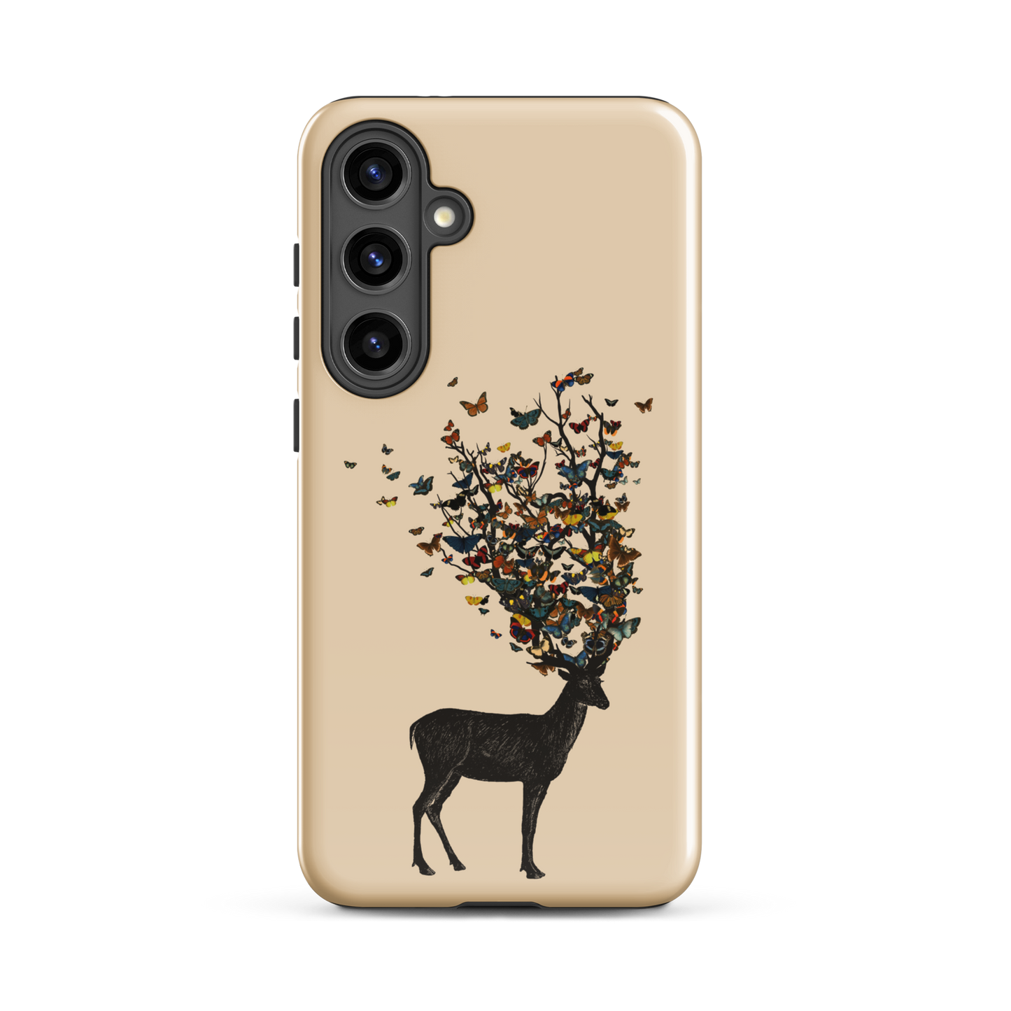 The image depicts a dark, silhouetted deer standing on a neutral background. Instead of branches, its antlers transform into a swirling cloud of vibrant, colorful butterflies that extend upwards and outward. The mix of organic and ethereal elements creates a captivating and whimsical visual contrast.