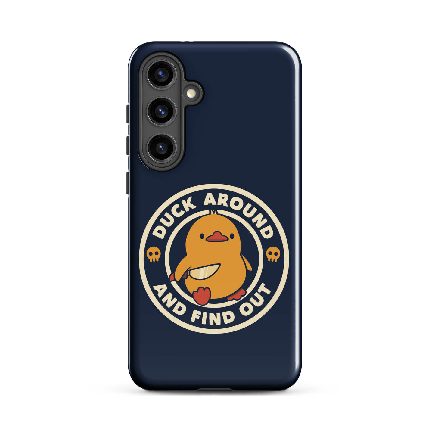 A cute yellow duck holding a small knife, around it the text "Duck Around And Find Out". An art that mixes humor with the temperament of ducks.