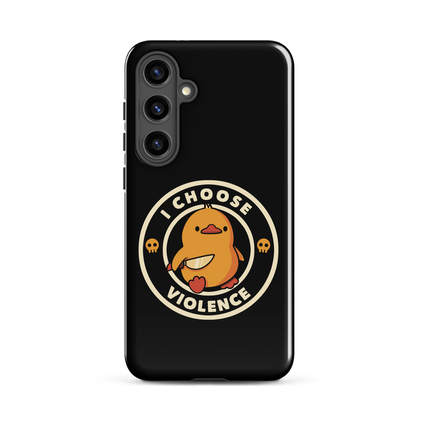 A cute, cartoon-style yellow duckling stands confidently holding a large knife in its wing. The duckling is encircled by text saying 'I CHOOSE VIOLENCE' in bold white letters. Small skull symbols flank the chick on either side, adding a touch of humor and irony to the otherwise adorable drawing.