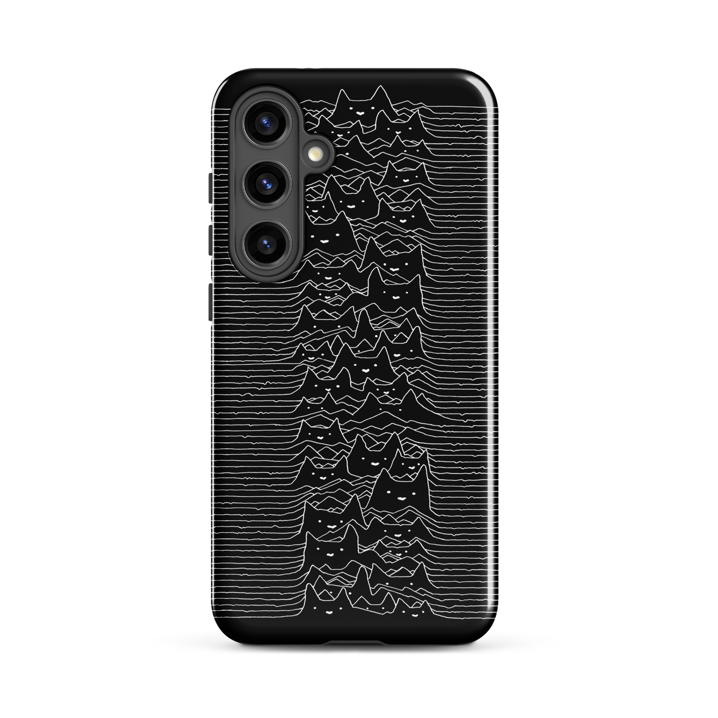 The drawing is a series of continuous wavy lines forming a pattern reminiscent of sound waves or topographic maps, but with an unexpected twist: the lines create the shapes of numerous cat faces stacked vertically. Each cat has simple, expressive features with pointed ears, adding a whimsical element to the otherwise structured pattern.