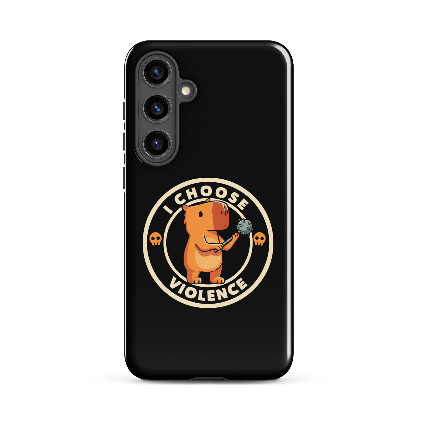 A cute, cartoonish burnt yellow capybara stands holding a spiked mace with a determined expression. Surrounding it is a circular design with the text 'I CHOOSE VIOLENCE' and two small skulls on either side, giving it a humorous yet ironic tone.