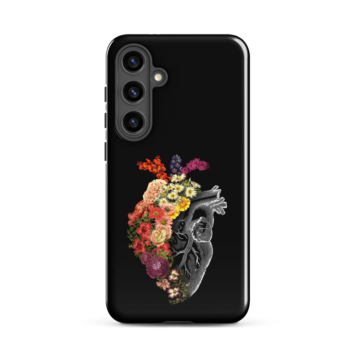 The design is an intricate and anatomical drawing of a human heart on a black background. The left side of the heart morphs into a vibrant assortment of colorful flowers, including roses, daisies, and other blooming blossoms, creating a striking contrast between the realistic and the surreal, symbolizing the harmony between nature and humanity.