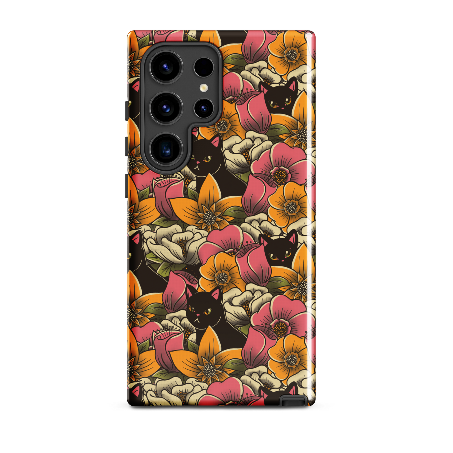 The image features a repeating pattern of colorful flowers in pink, yellow, and cream hues with lush green foliage. Interspersed among the flowers are playful black cats with bright eyes. The design has a whimsical and vibrant feel, ideal for various products like t-shirts, stickers, coffee cups, and skateboards. The style is reminiscent of traditional floral art blended with playful elements of animal decor.