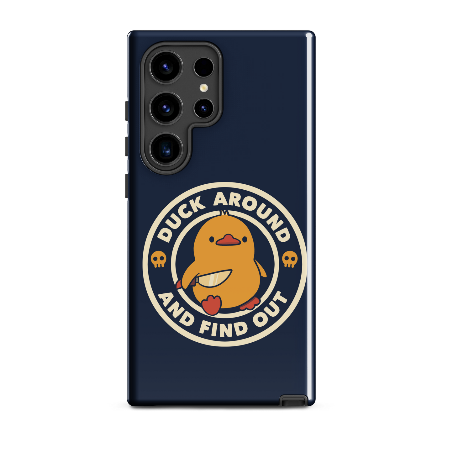 A cute yellow duck holding a small knife, around it the text "Duck Around And Find Out". An art that mixes humor with the temperament of ducks.