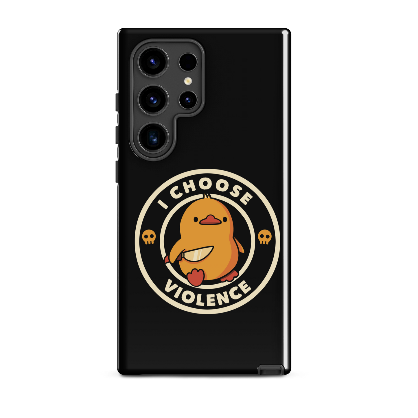 A cute, cartoon-style yellow duckling stands confidently holding a large knife in its wing. The duckling is encircled by text saying 'I CHOOSE VIOLENCE' in bold white letters. Small skull symbols flank the chick on either side, adding a touch of humor and irony to the otherwise adorable drawing.