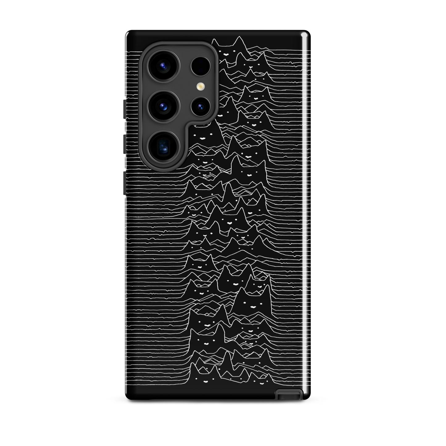 The drawing is a series of continuous wavy lines forming a pattern reminiscent of sound waves or topographic maps, but with an unexpected twist: the lines create the shapes of numerous cat faces stacked vertically. Each cat has simple, expressive features with pointed ears, adding a whimsical element to the otherwise structured pattern.