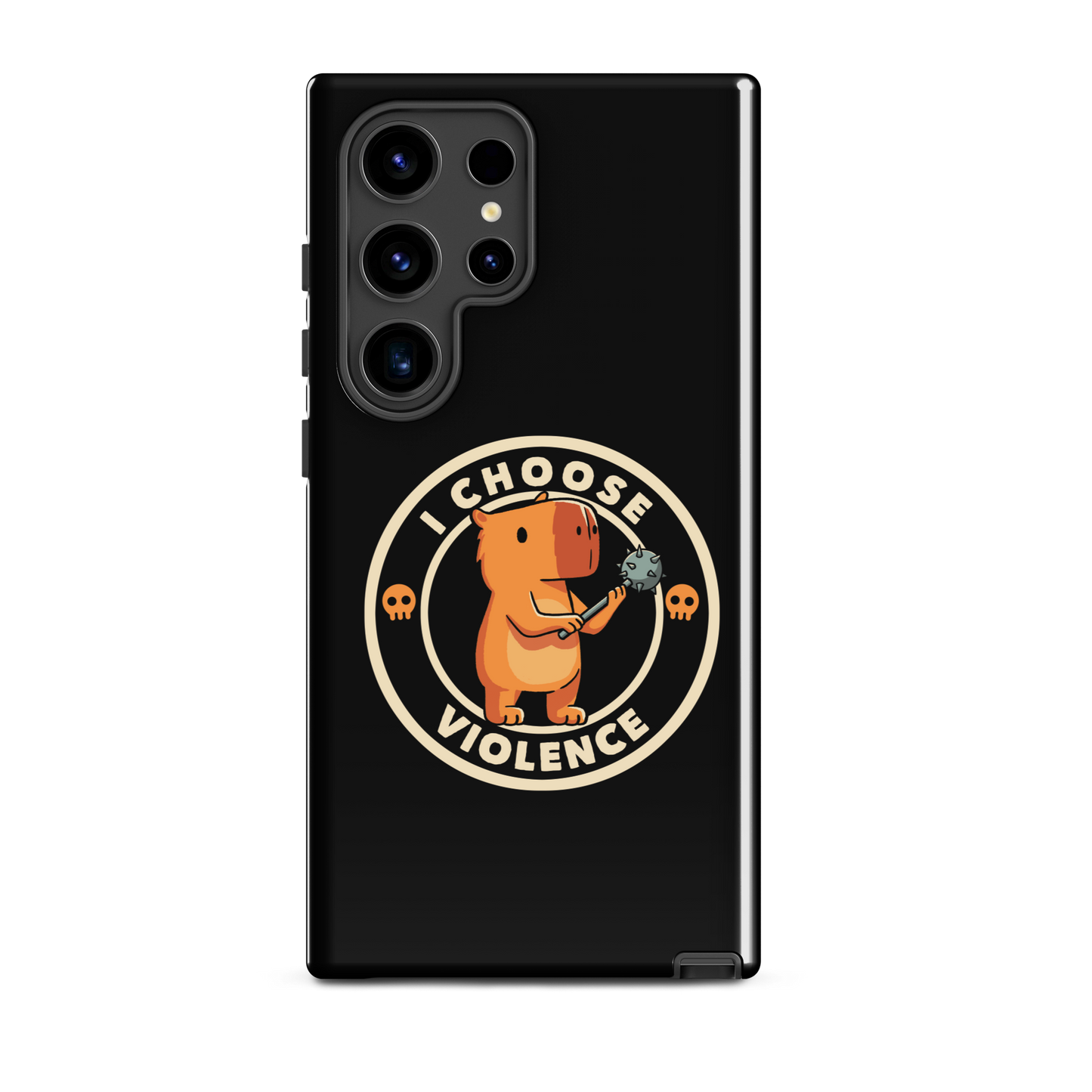 A cute, cartoonish burnt yellow capybara stands holding a spiked mace with a determined expression. Surrounding it is a circular design with the text 'I CHOOSE VIOLENCE' and two small skulls on either side, giving it a humorous yet ironic tone.