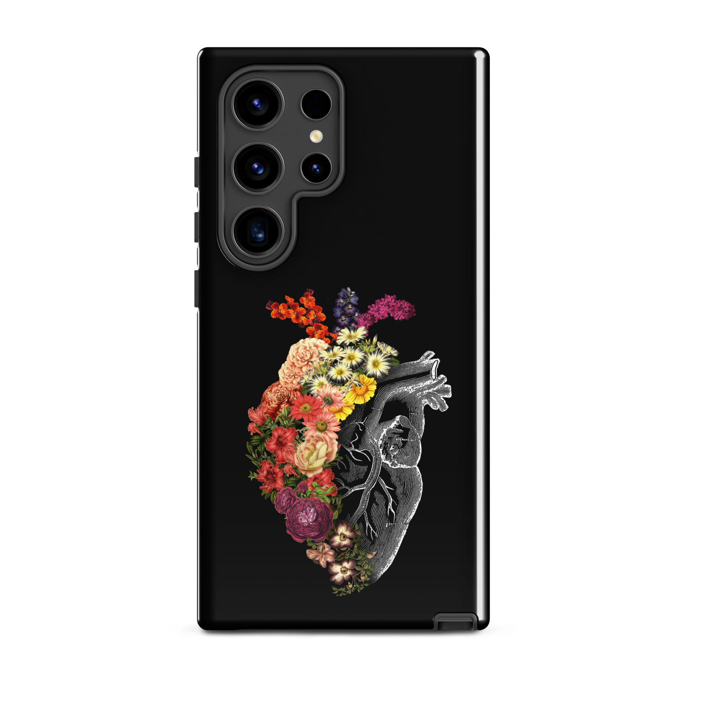 The design is an intricate and anatomical drawing of a human heart on a black background. The left side of the heart morphs into a vibrant assortment of colorful flowers, including roses, daisies, and other blooming blossoms, creating a striking contrast between the realistic and the surreal, symbolizing the harmony between nature and humanity.