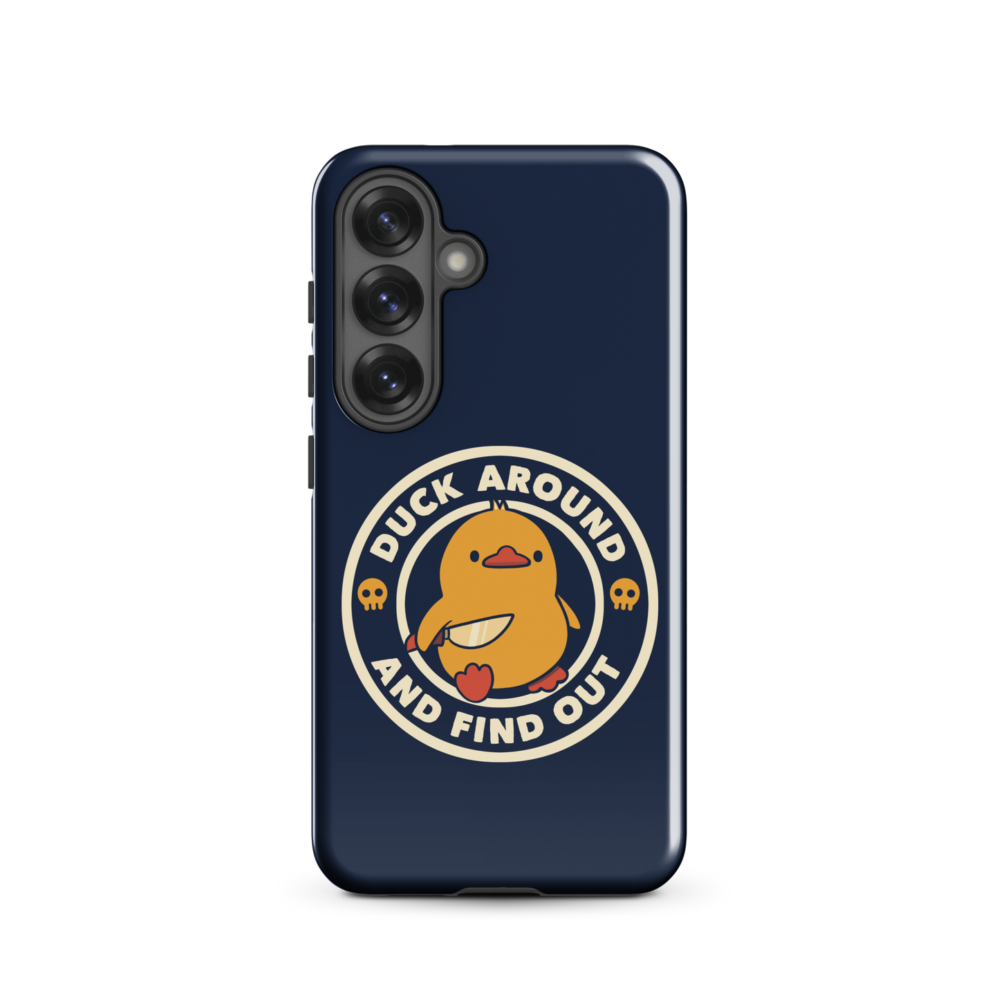 A cute yellow duck holding a small knife, around it the text "Duck Around And Find Out". An art that mixes humor with the temperament of ducks.