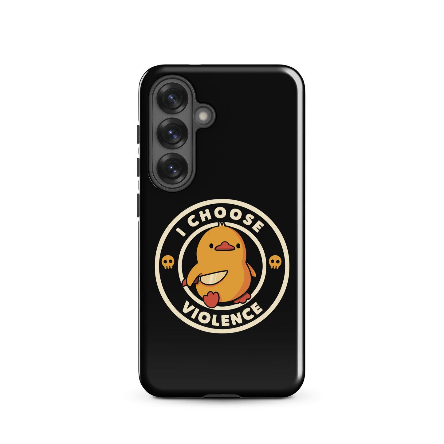 A cute, cartoon-style yellow duckling stands confidently holding a large knife in its wing. The duckling is encircled by text saying 'I CHOOSE VIOLENCE' in bold white letters. Small skull symbols flank the chick on either side, adding a touch of humor and irony to the otherwise adorable drawing.