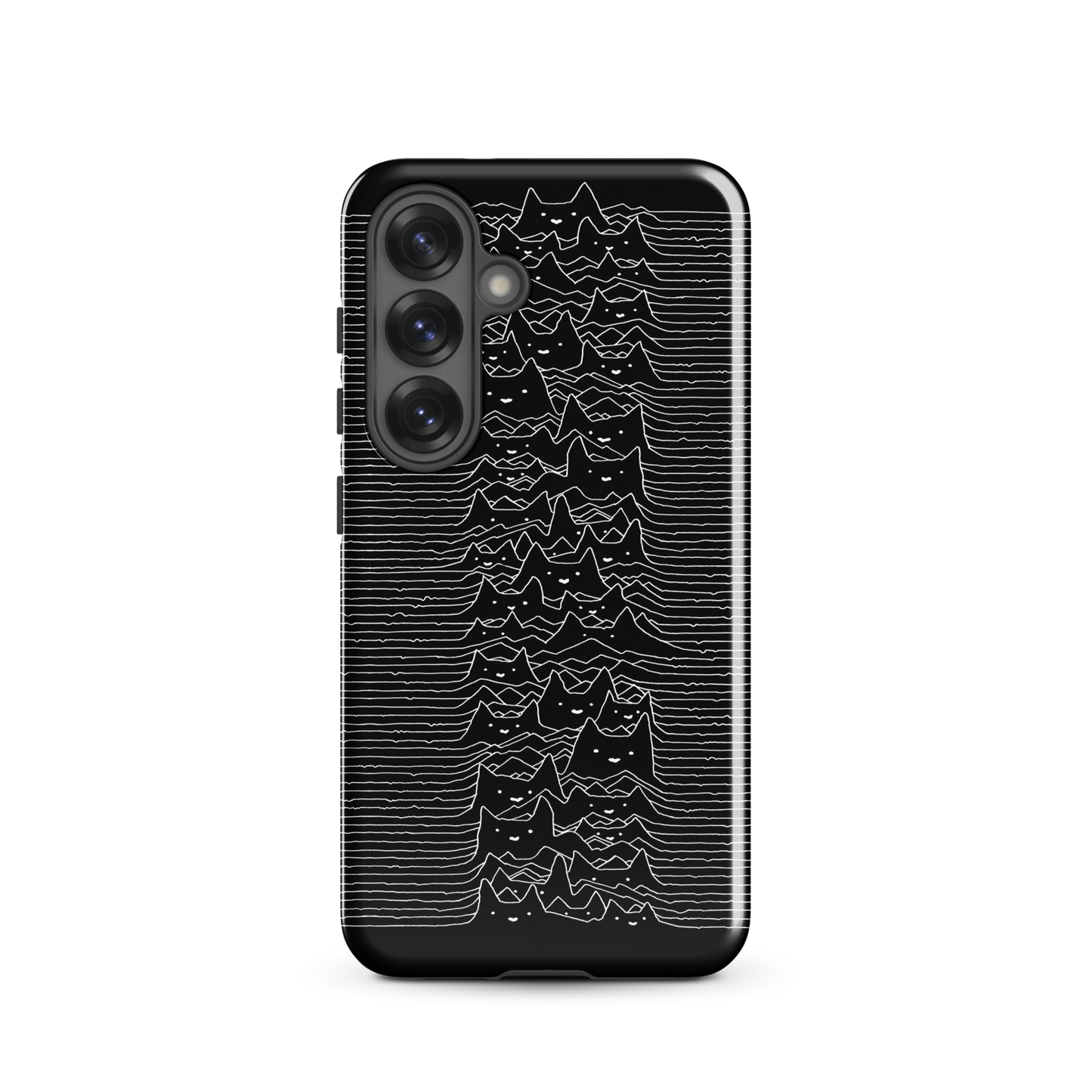 The drawing is a series of continuous wavy lines forming a pattern reminiscent of sound waves or topographic maps, but with an unexpected twist: the lines create the shapes of numerous cat faces stacked vertically. Each cat has simple, expressive features with pointed ears, adding a whimsical element to the otherwise structured pattern.