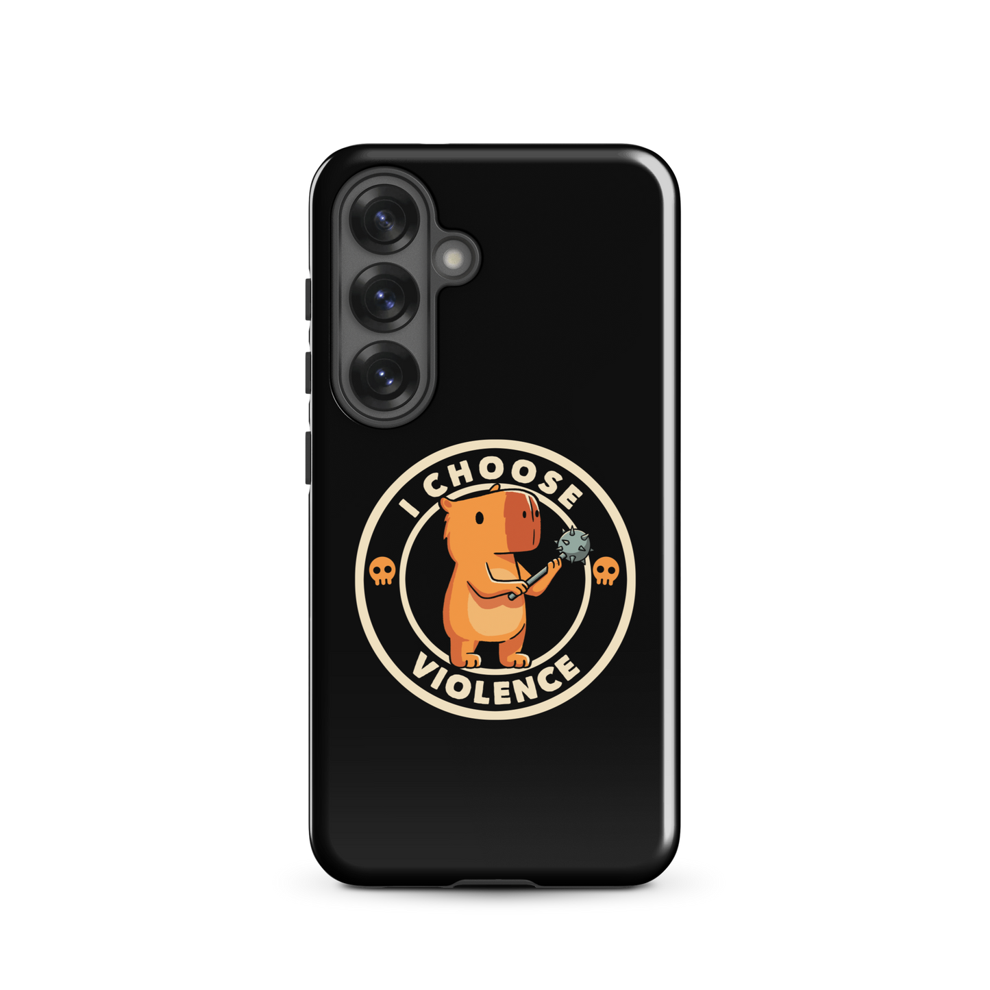 A cute, cartoonish burnt yellow capybara stands holding a spiked mace with a determined expression. Surrounding it is a circular design with the text 'I CHOOSE VIOLENCE' and two small skulls on either side, giving it a humorous yet ironic tone.