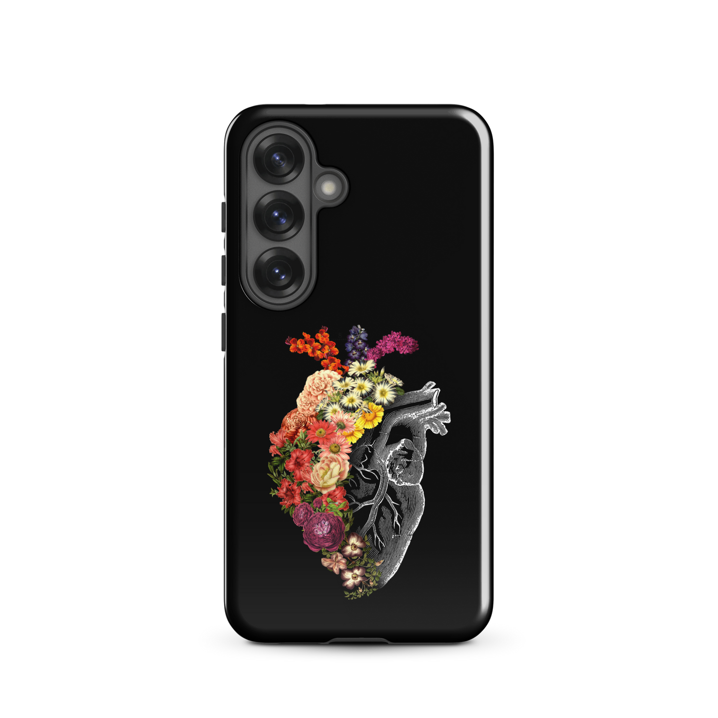 The design is an intricate and anatomical drawing of a human heart on a black background. The left side of the heart morphs into a vibrant assortment of colorful flowers, including roses, daisies, and other blooming blossoms, creating a striking contrast between the realistic and the surreal, symbolizing the harmony between nature and humanity.