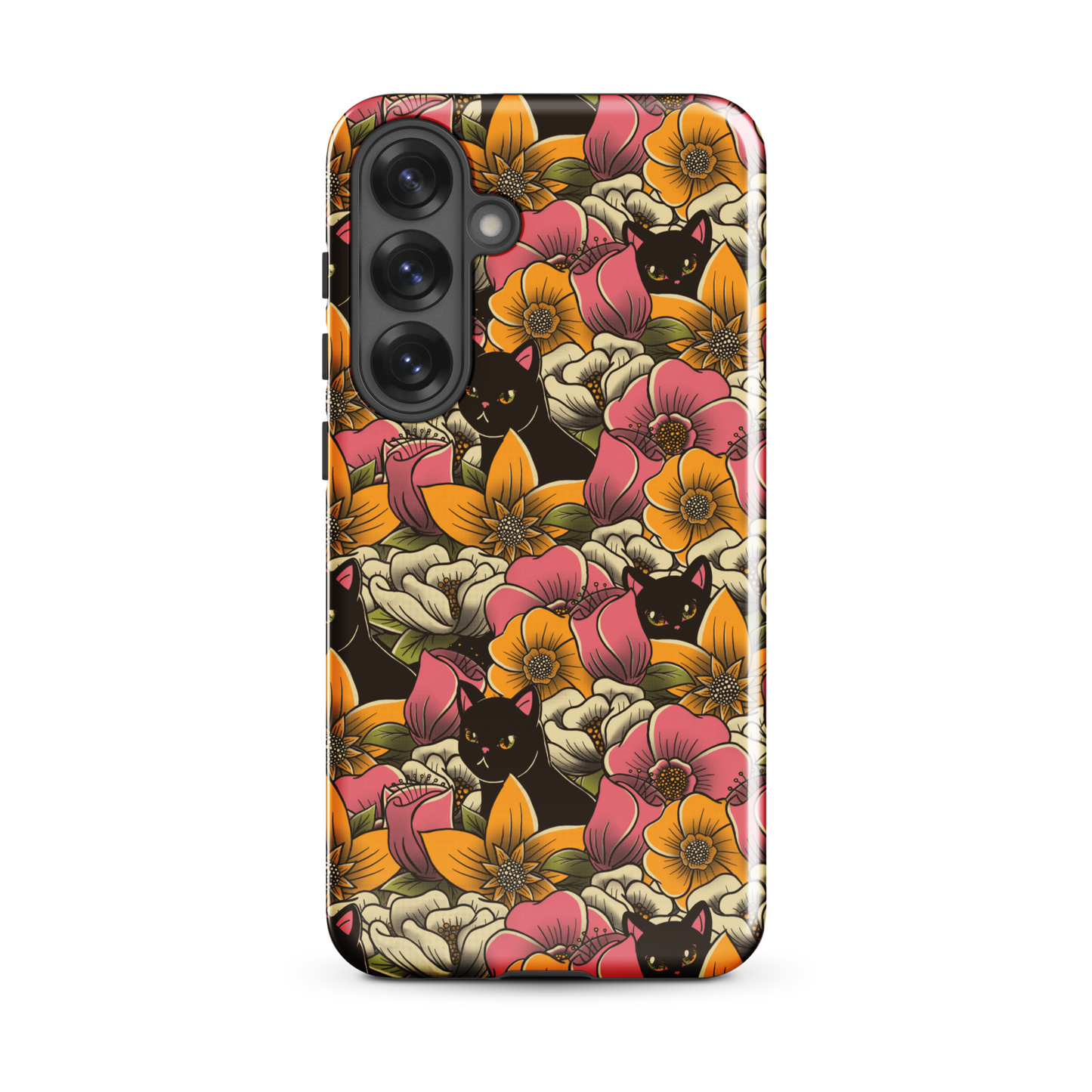 The image features a repeating pattern of colorful flowers in pink, yellow, and cream hues with lush green foliage. Interspersed among the flowers are playful black cats with bright eyes. The design has a whimsical and vibrant feel, ideal for various products like t-shirts, stickers, coffee cups, and skateboards. The style is reminiscent of traditional floral art blended with playful elements of animal decor.