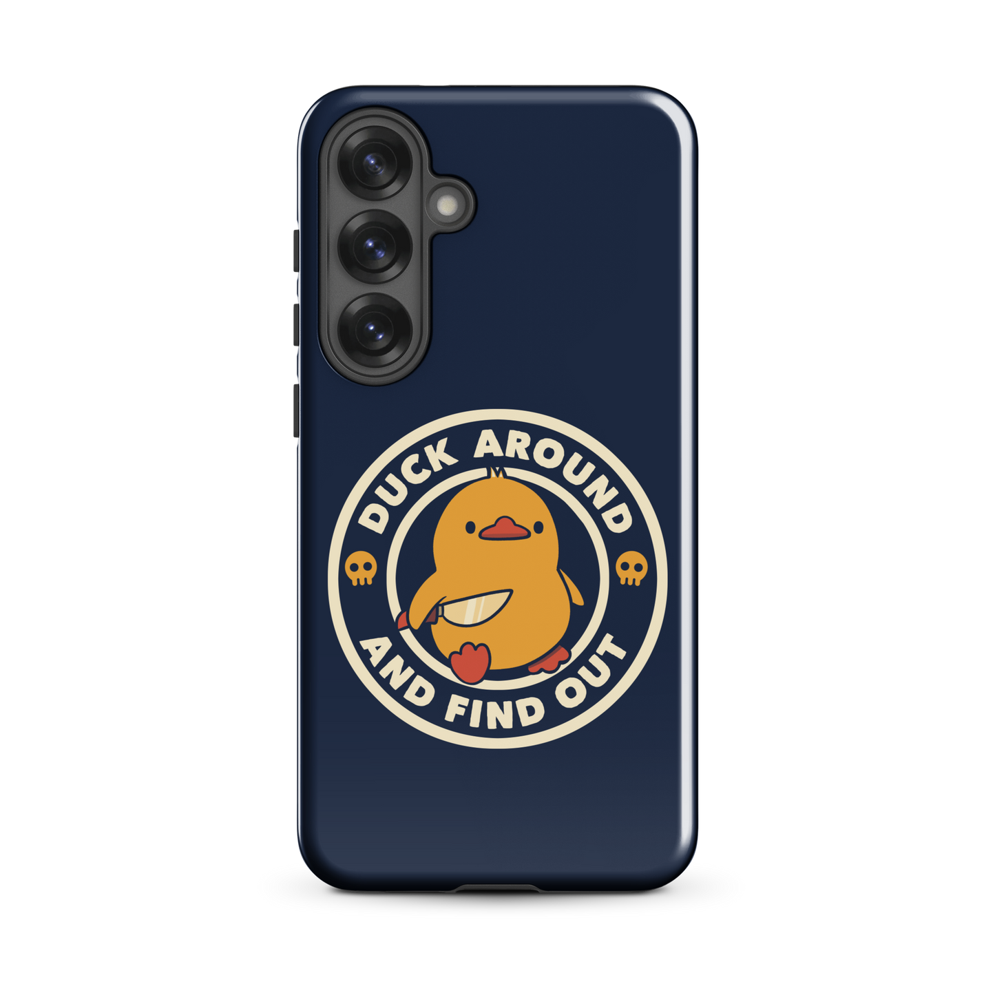 A cute yellow duck holding a small knife, around it the text "Duck Around And Find Out". An art that mixes humor with the temperament of ducks.