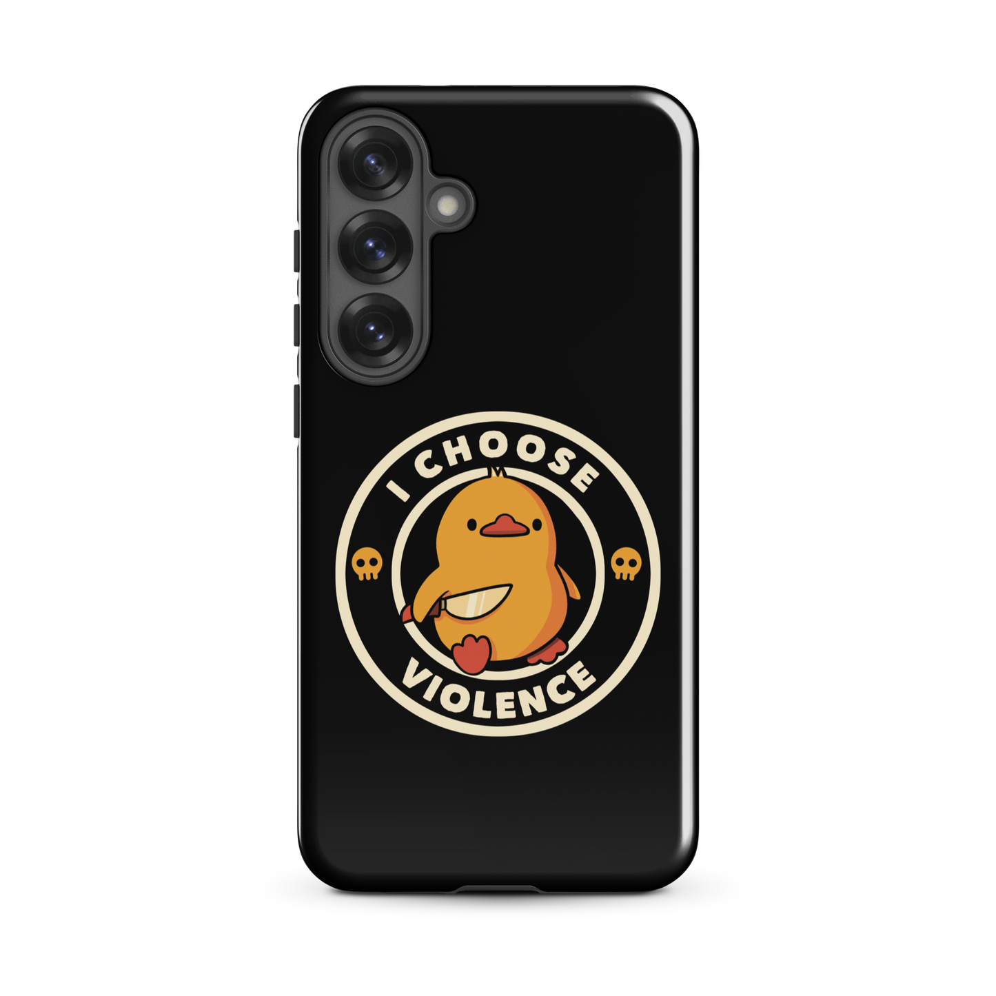 A cute, cartoon-style yellow duckling stands confidently holding a large knife in its wing. The duckling is encircled by text saying 'I CHOOSE VIOLENCE' in bold white letters. Small skull symbols flank the chick on either side, adding a touch of humor and irony to the otherwise adorable drawing.