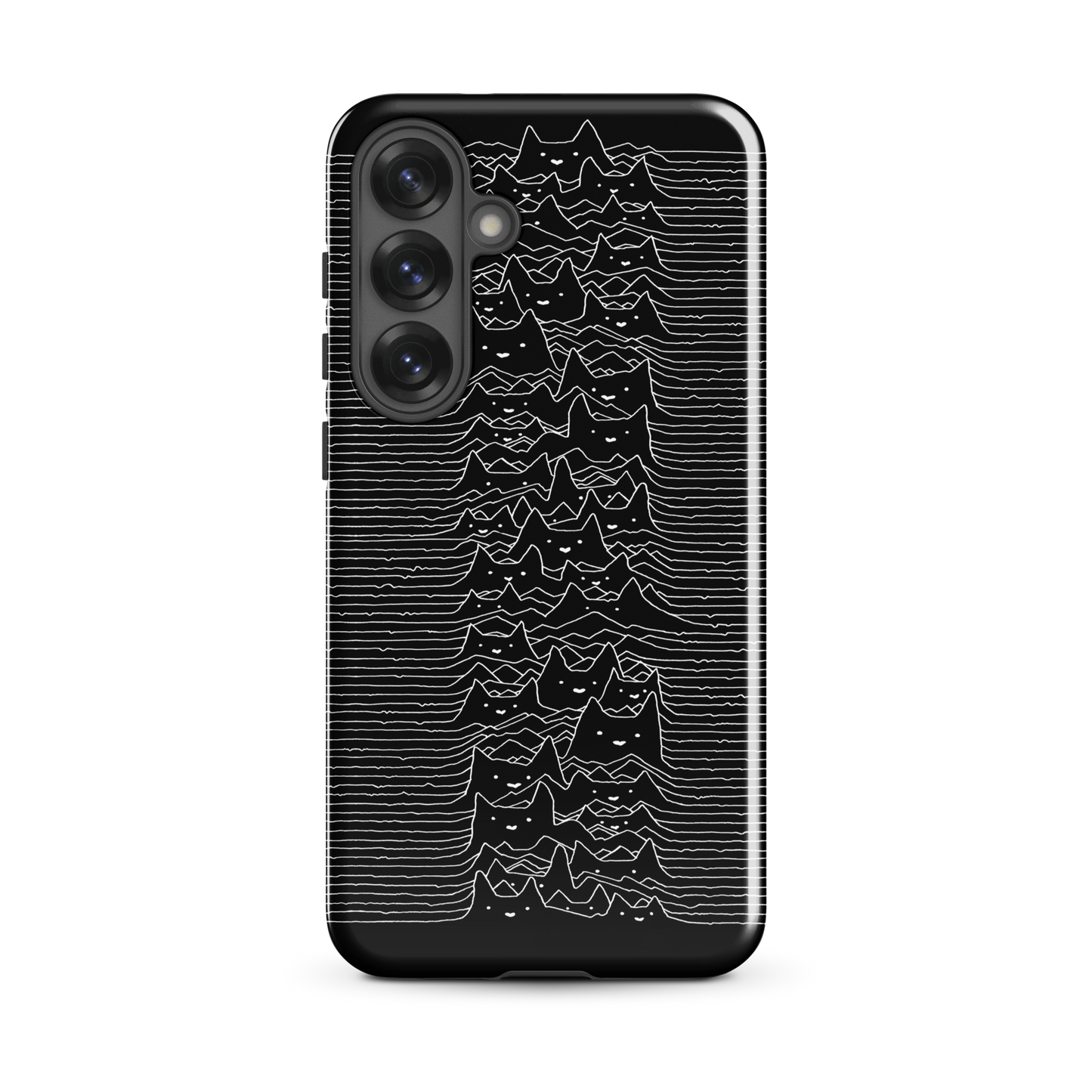 The drawing is a series of continuous wavy lines forming a pattern reminiscent of sound waves or topographic maps, but with an unexpected twist: the lines create the shapes of numerous cat faces stacked vertically. Each cat has simple, expressive features with pointed ears, adding a whimsical element to the otherwise structured pattern.