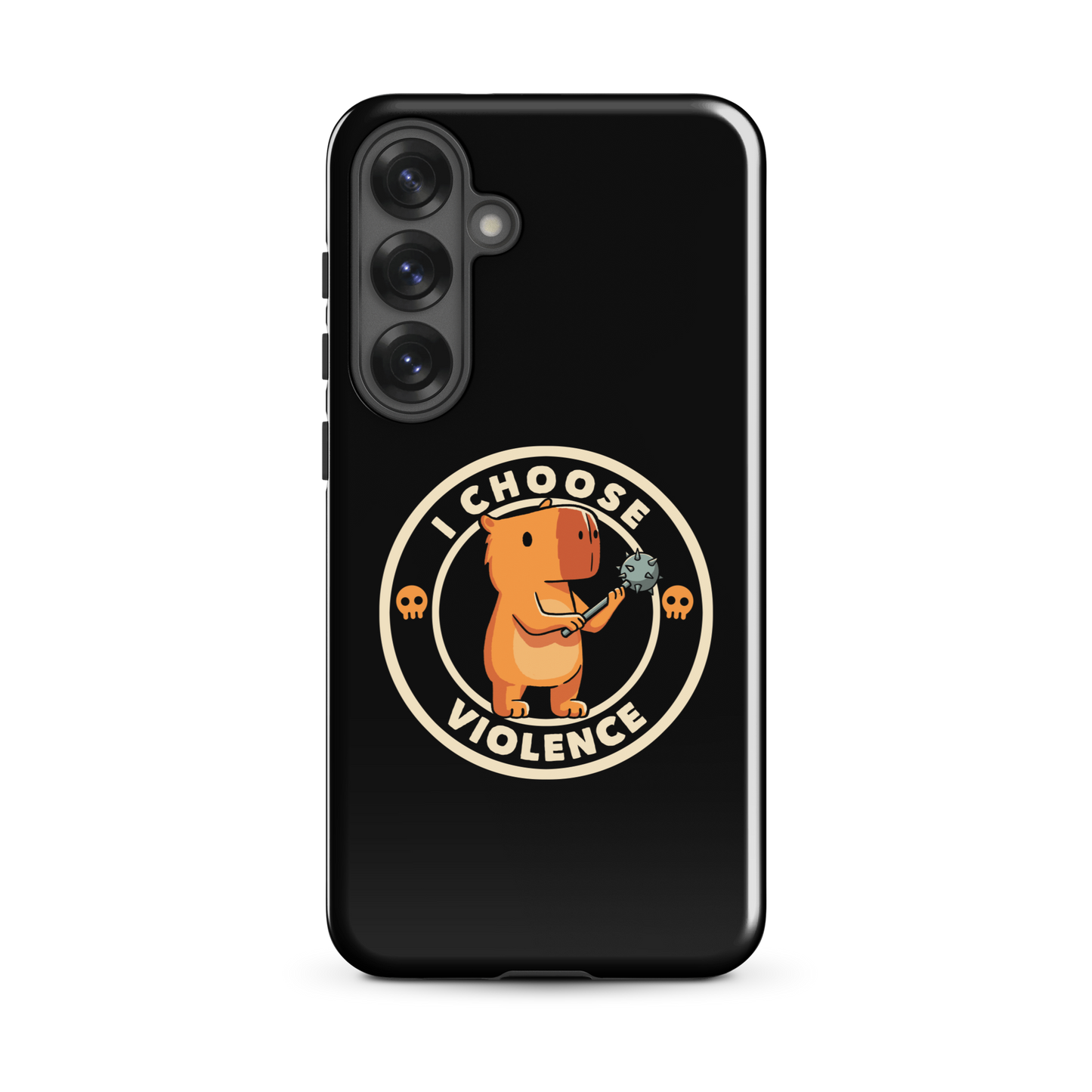 A cute, cartoonish burnt yellow capybara stands holding a spiked mace with a determined expression. Surrounding it is a circular design with the text 'I CHOOSE VIOLENCE' and two small skulls on either side, giving it a humorous yet ironic tone.