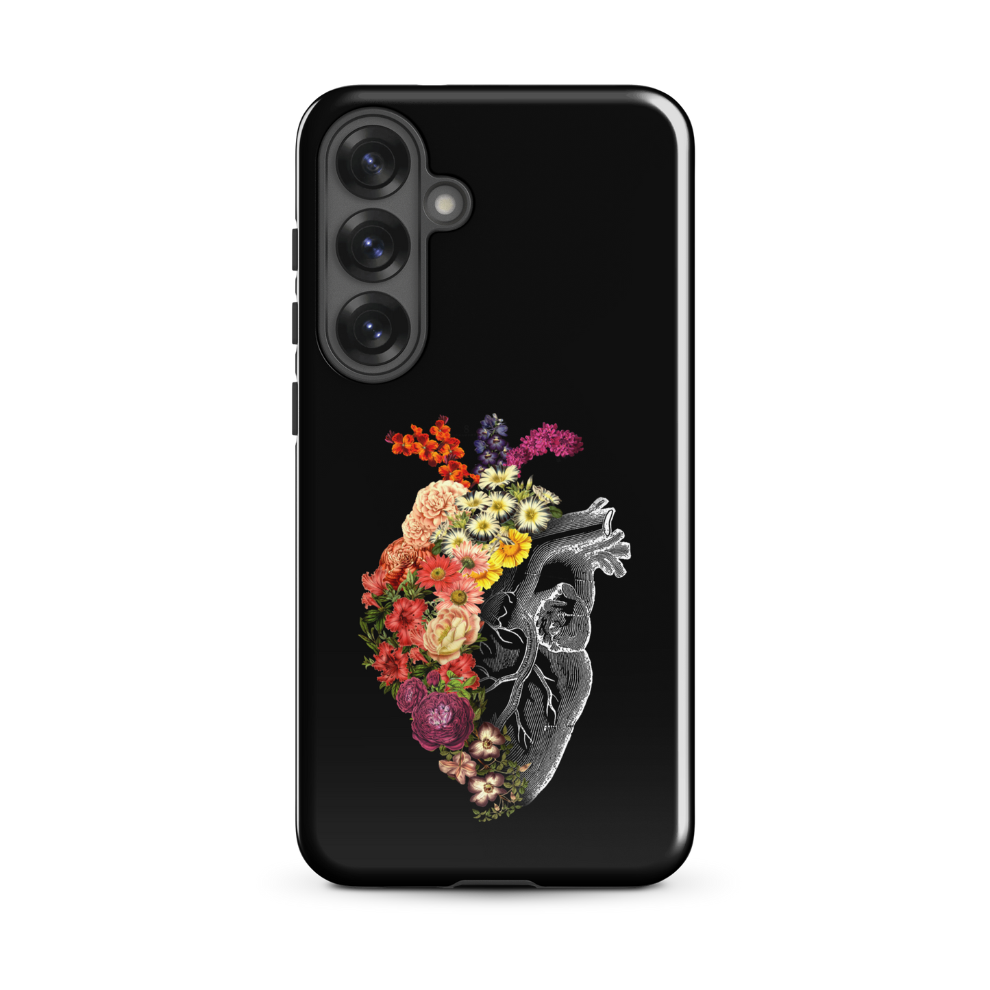 The design is an intricate and anatomical drawing of a human heart on a black background. The left side of the heart morphs into a vibrant assortment of colorful flowers, including roses, daisies, and other blooming blossoms, creating a striking contrast between the realistic and the surreal, symbolizing the harmony between nature and humanity.