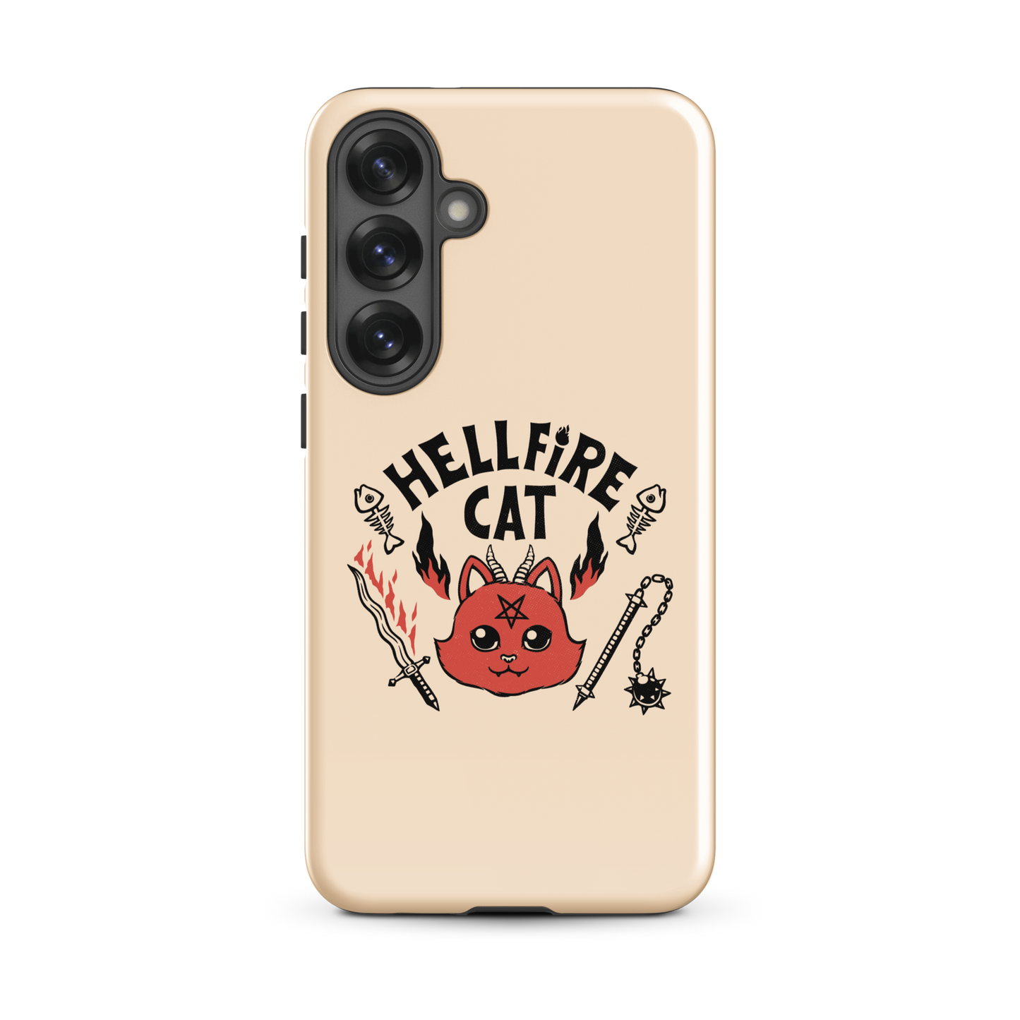 Vintage-style illustration of a cute red devil cat with small horns and a pentagram on its forehead, surrounded by flames, weapons, fish skeletons, and the bold phrase “Hellfire Cat” in a playful gothic design.