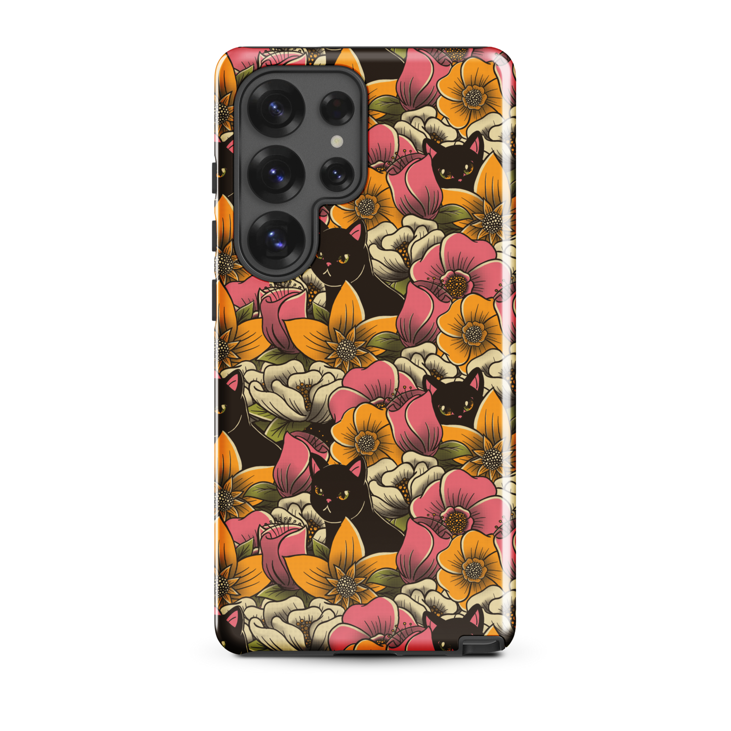 The image features a repeating pattern of colorful flowers in pink, yellow, and cream hues with lush green foliage. Interspersed among the flowers are playful black cats with bright eyes. The design has a whimsical and vibrant feel, ideal for various products like t-shirts, stickers, coffee cups, and skateboards. The style is reminiscent of traditional floral art blended with playful elements of animal decor.