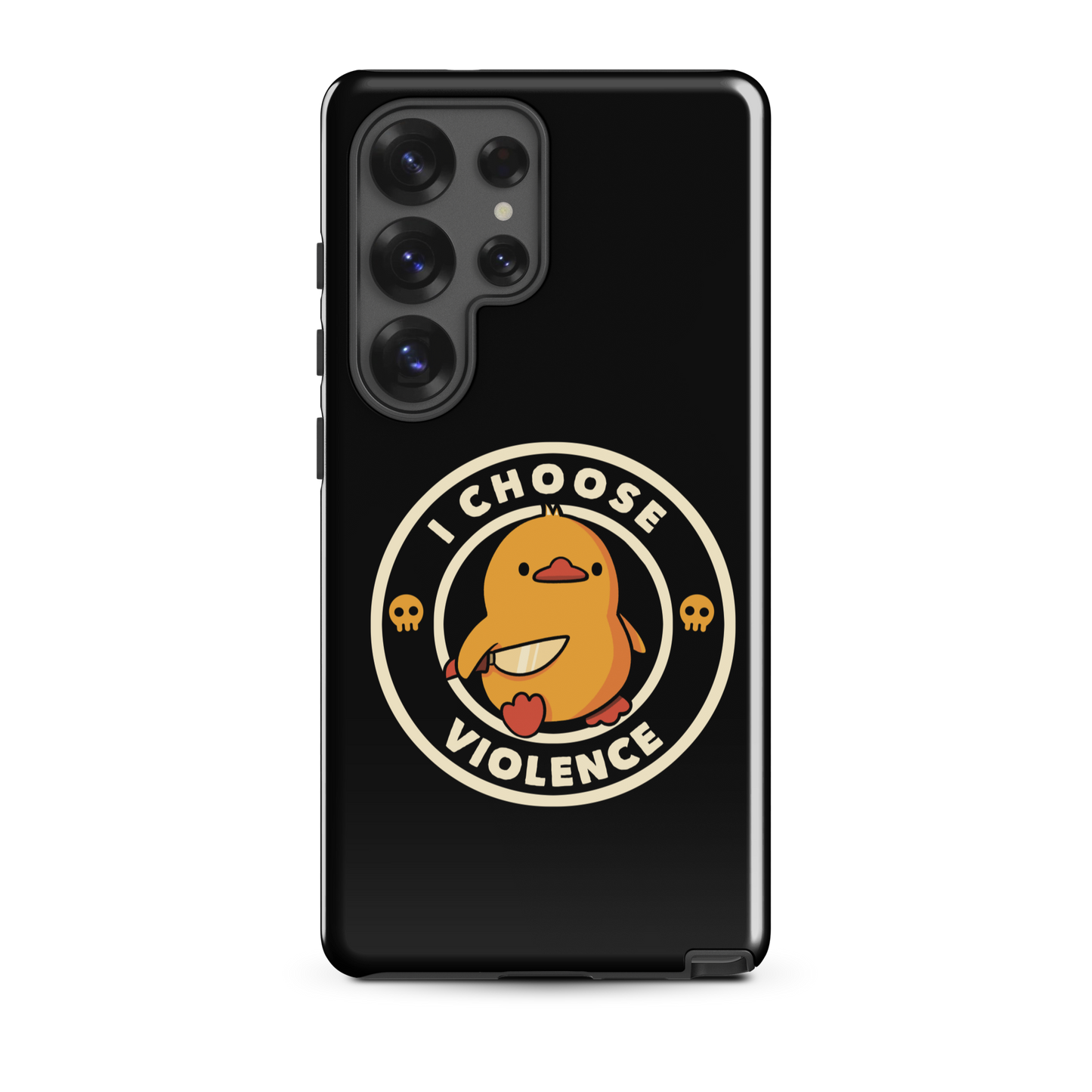 A cute, cartoon-style yellow duckling stands confidently holding a large knife in its wing. The duckling is encircled by text saying 'I CHOOSE VIOLENCE' in bold white letters. Small skull symbols flank the chick on either side, adding a touch of humor and irony to the otherwise adorable drawing.