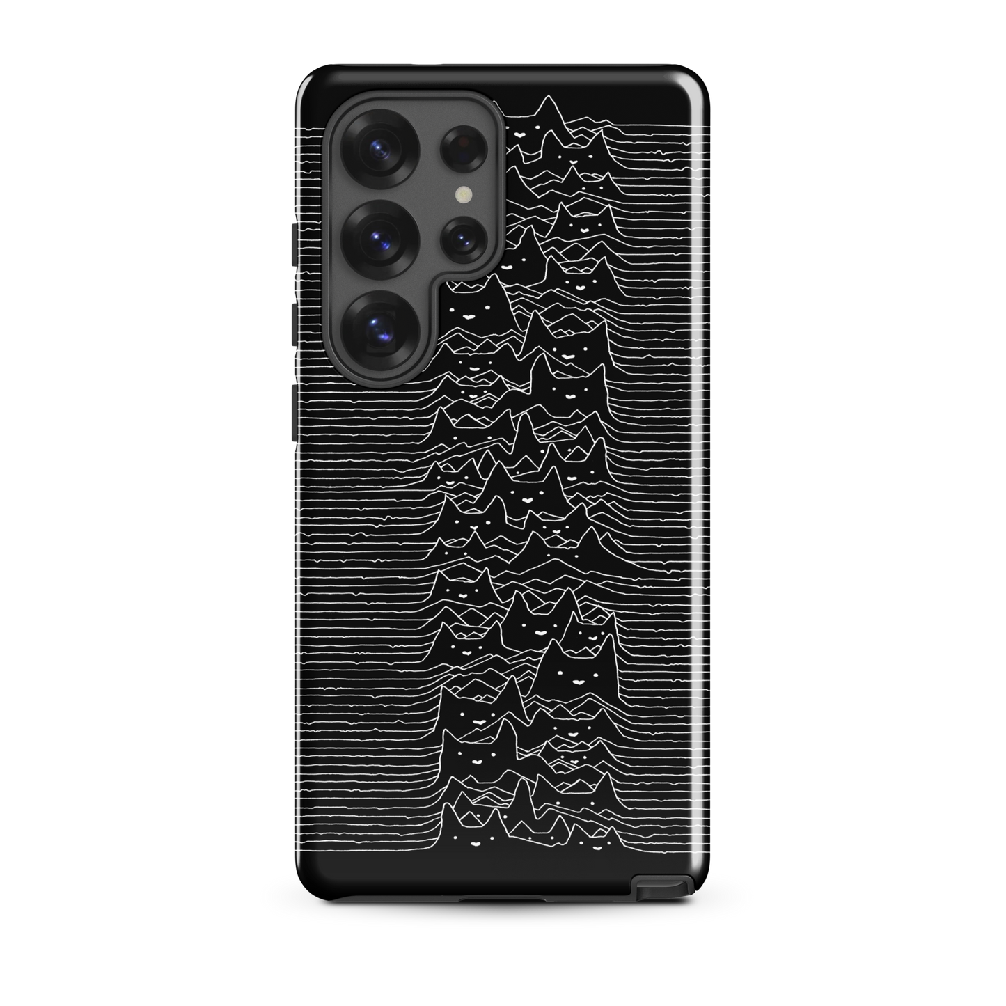 The drawing is a series of continuous wavy lines forming a pattern reminiscent of sound waves or topographic maps, but with an unexpected twist: the lines create the shapes of numerous cat faces stacked vertically. Each cat has simple, expressive features with pointed ears, adding a whimsical element to the otherwise structured pattern.