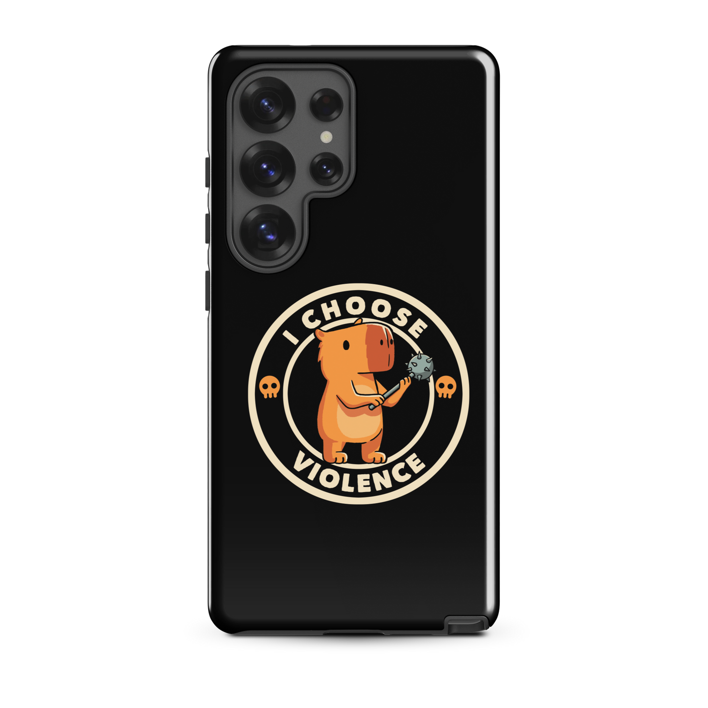 A cute, cartoonish burnt yellow capybara stands holding a spiked mace with a determined expression. Surrounding it is a circular design with the text 'I CHOOSE VIOLENCE' and two small skulls on either side, giving it a humorous yet ironic tone.