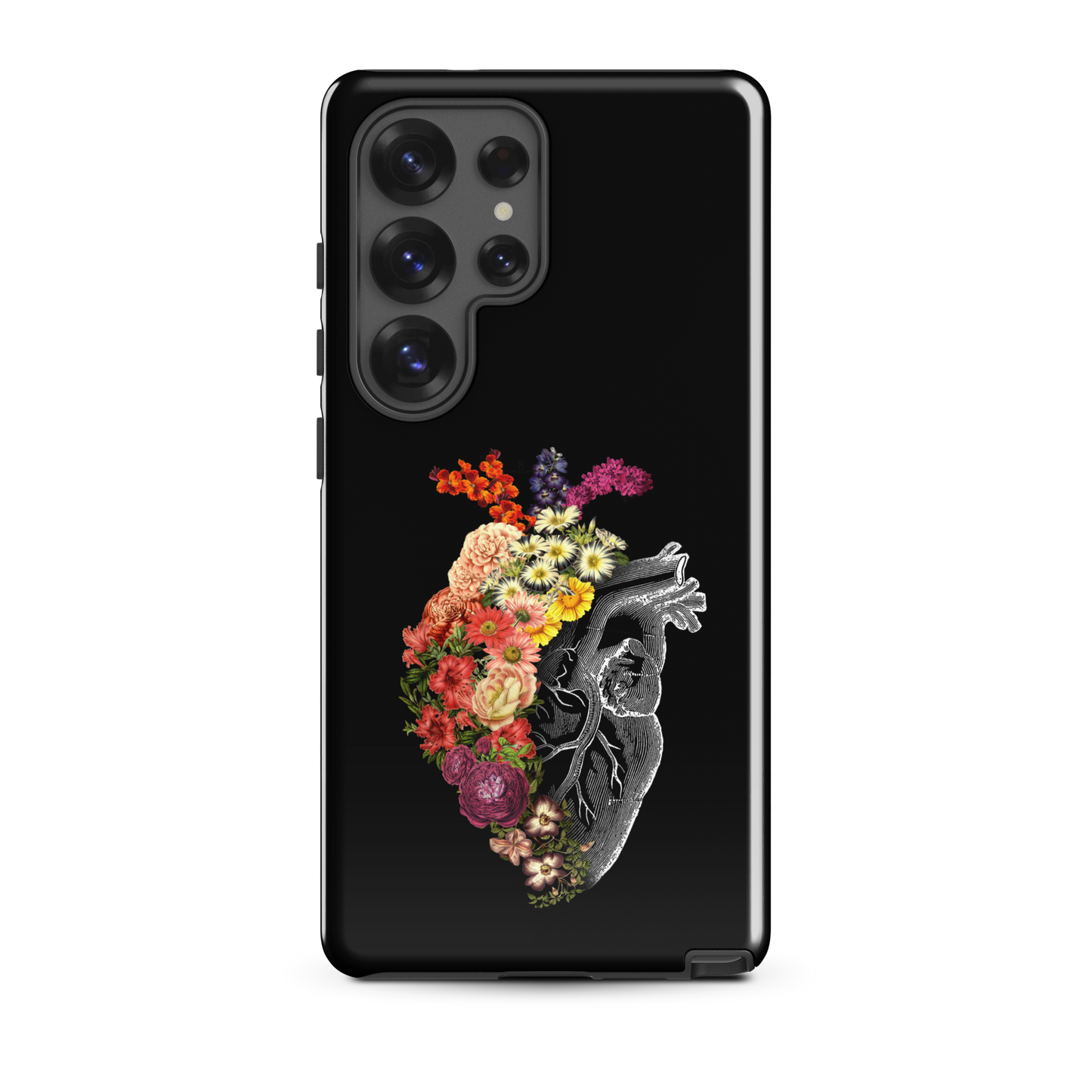The design is an intricate and anatomical drawing of a human heart on a black background. The left side of the heart morphs into a vibrant assortment of colorful flowers, including roses, daisies, and other blooming blossoms, creating a striking contrast between the realistic and the surreal, symbolizing the harmony between nature and humanity.