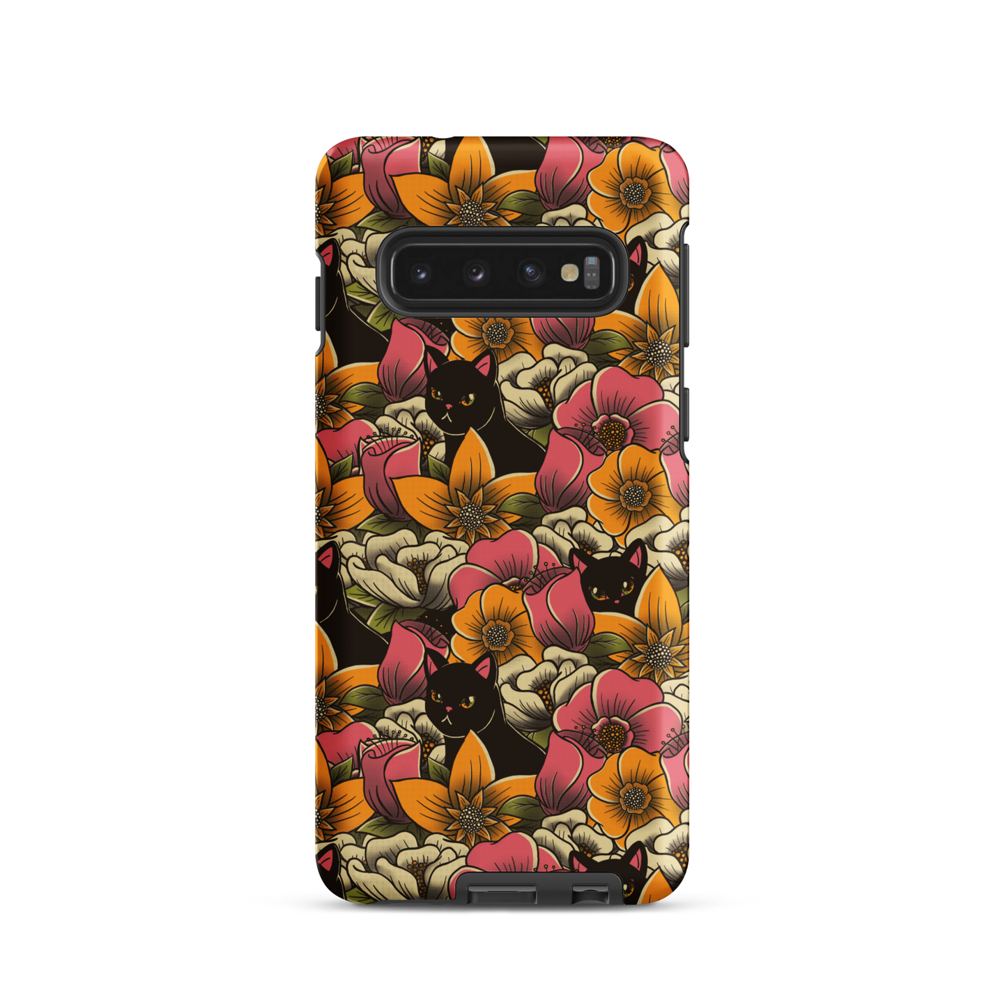 The image features a repeating pattern of colorful flowers in pink, yellow, and cream hues with lush green foliage. Interspersed among the flowers are playful black cats with bright eyes. The design has a whimsical and vibrant feel, ideal for various products like t-shirts, stickers, coffee cups, and skateboards. The style is reminiscent of traditional floral art blended with playful elements of animal decor.