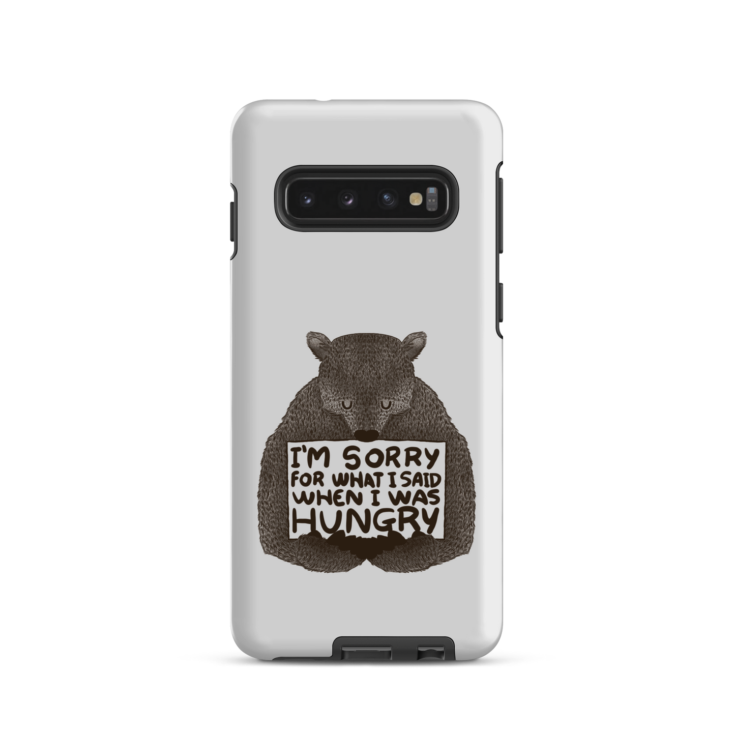 The image shows a humorous, detailed illustration of a bear, drawn in a hand-drawn style, holding a sign that reads 'I'm sorry for what I said when I was hungry.' The bear appears to be apologizing in a comical, endearing manner, making it a relatable and light-hearted design.