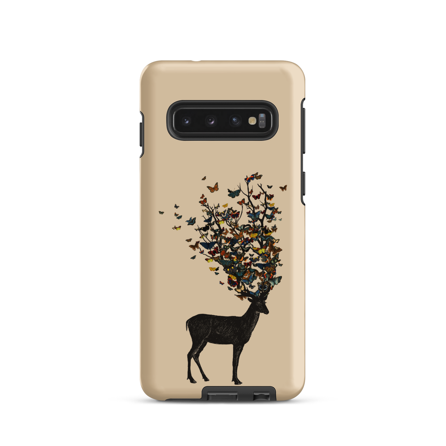 The image depicts a dark, silhouetted deer standing on a neutral background. Instead of branches, its antlers transform into a swirling cloud of vibrant, colorful butterflies that extend upwards and outward. The mix of organic and ethereal elements creates a captivating and whimsical visual contrast.