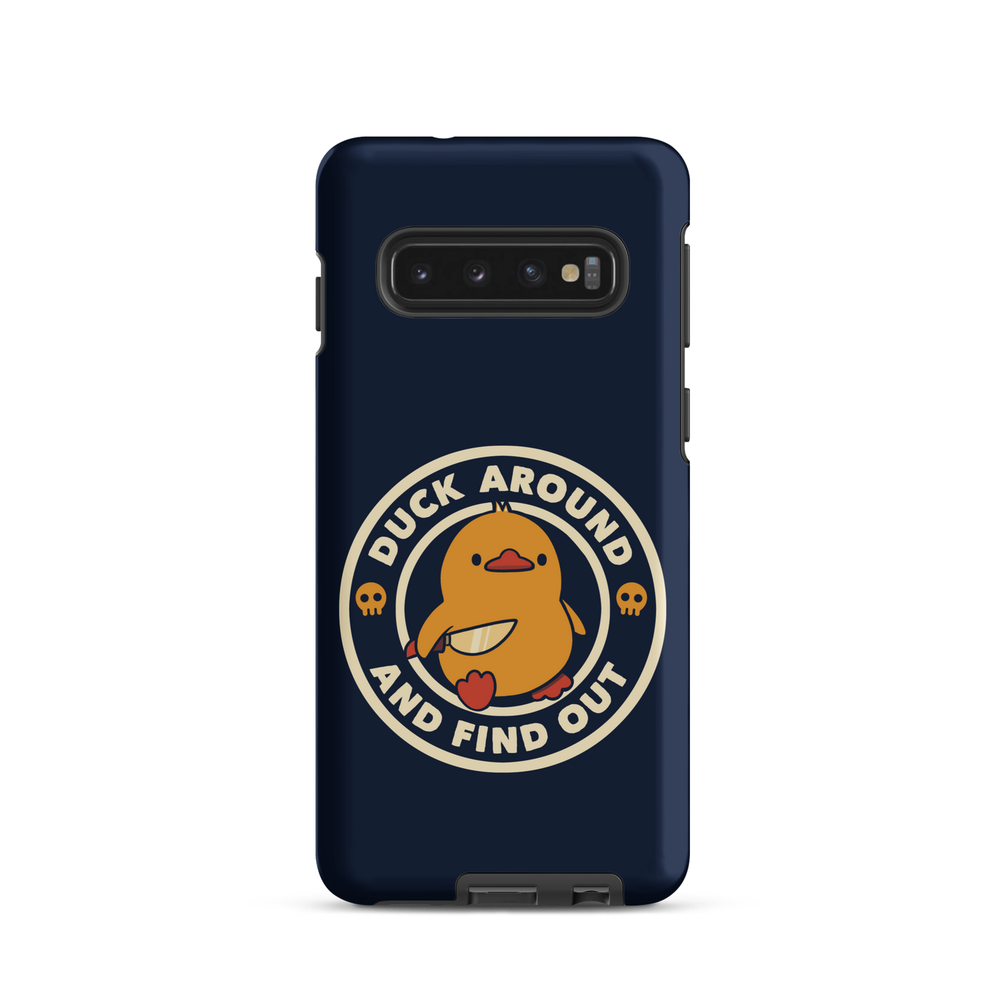 A cute yellow duck holding a small knife, around it the text "Duck Around And Find Out". An art that mixes humor with the temperament of ducks.