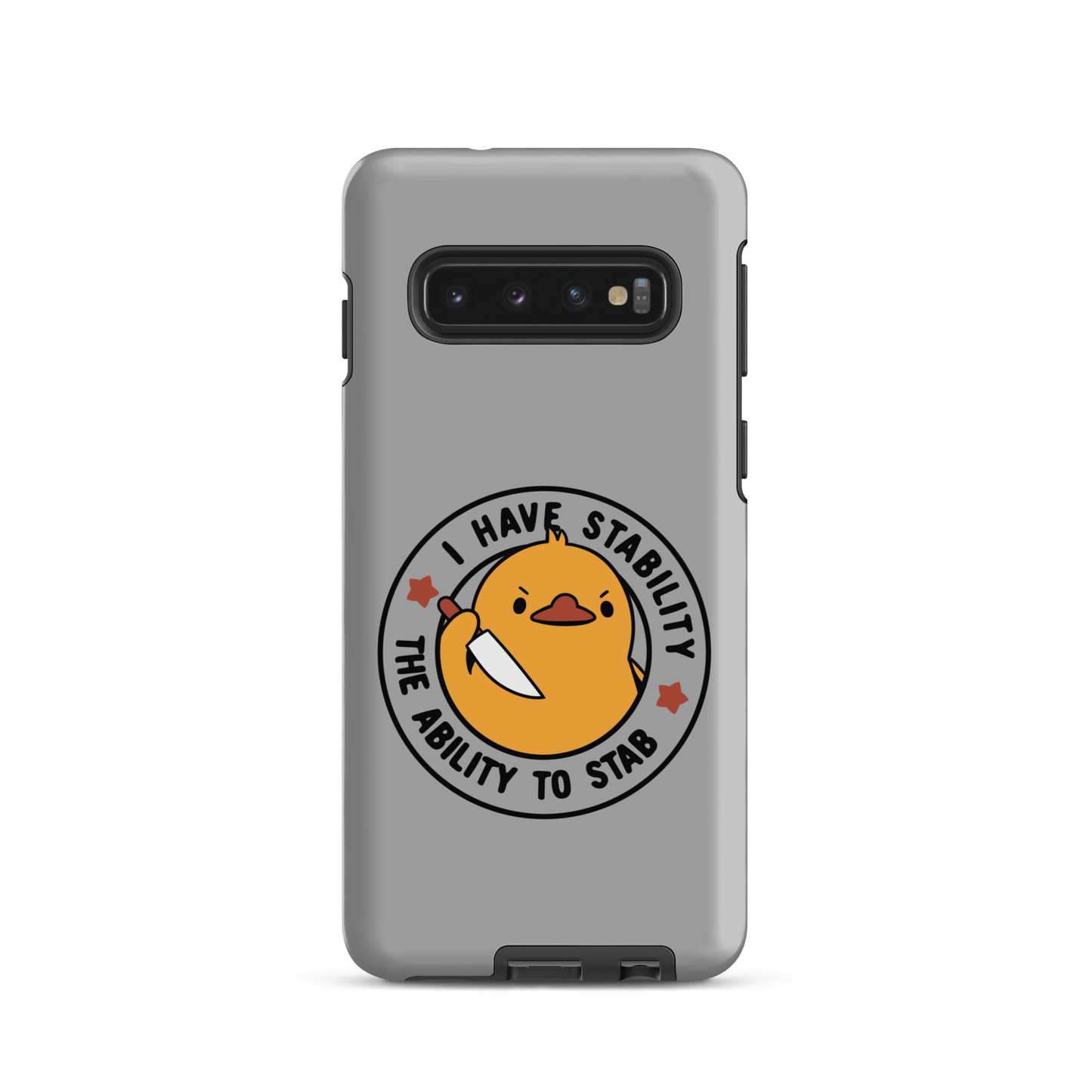 A cute duckling holding a knife with an angry face. Wrapped with a funny phrase that says "I Have Stability The Ability To Stab". This is an art that combines a famous internet meme about duck temperament with a clever pun. The perfect gift for people who like smart humor.