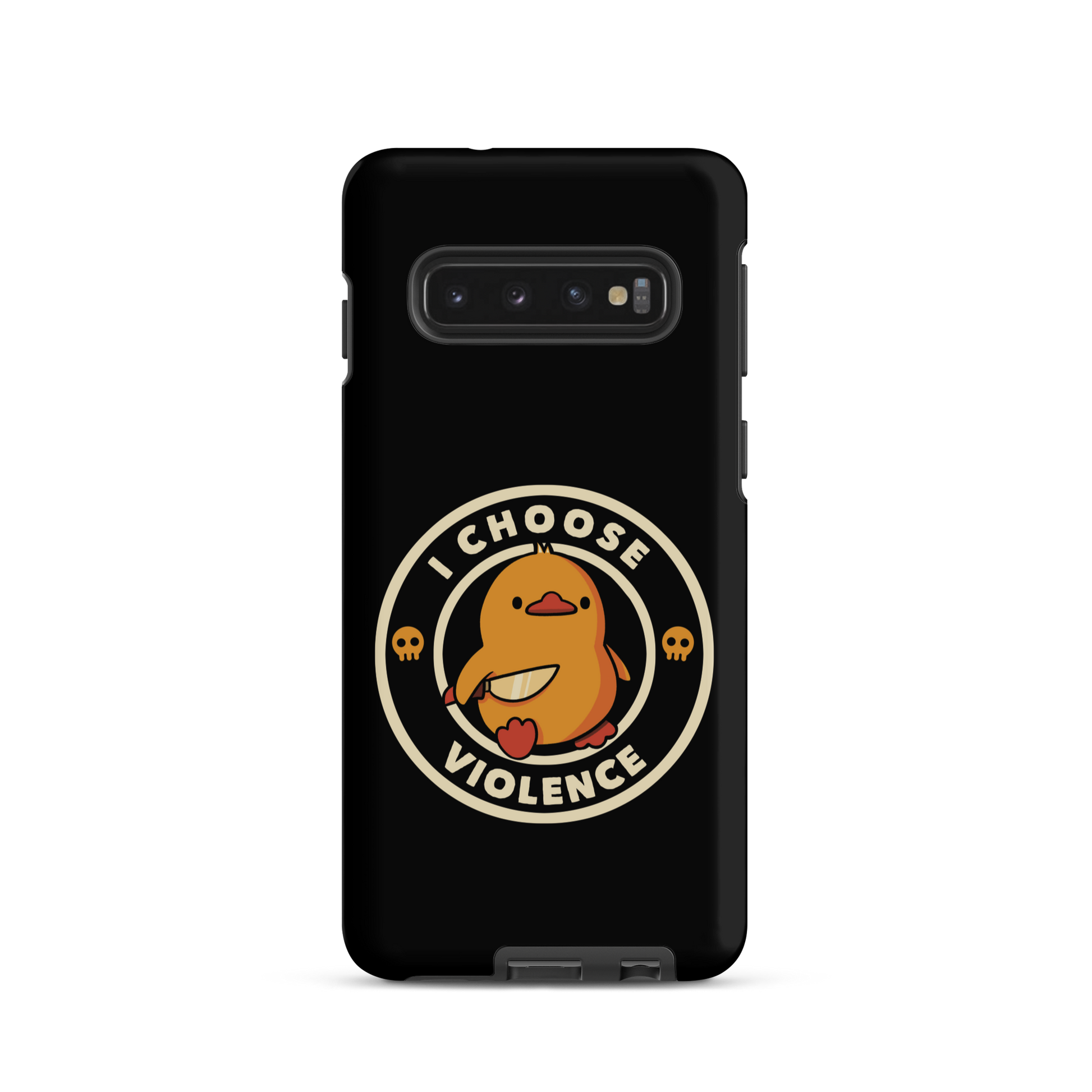 A cute, cartoon-style yellow duckling stands confidently holding a large knife in its wing. The duckling is encircled by text saying 'I CHOOSE VIOLENCE' in bold white letters. Small skull symbols flank the chick on either side, adding a touch of humor and irony to the otherwise adorable drawing.