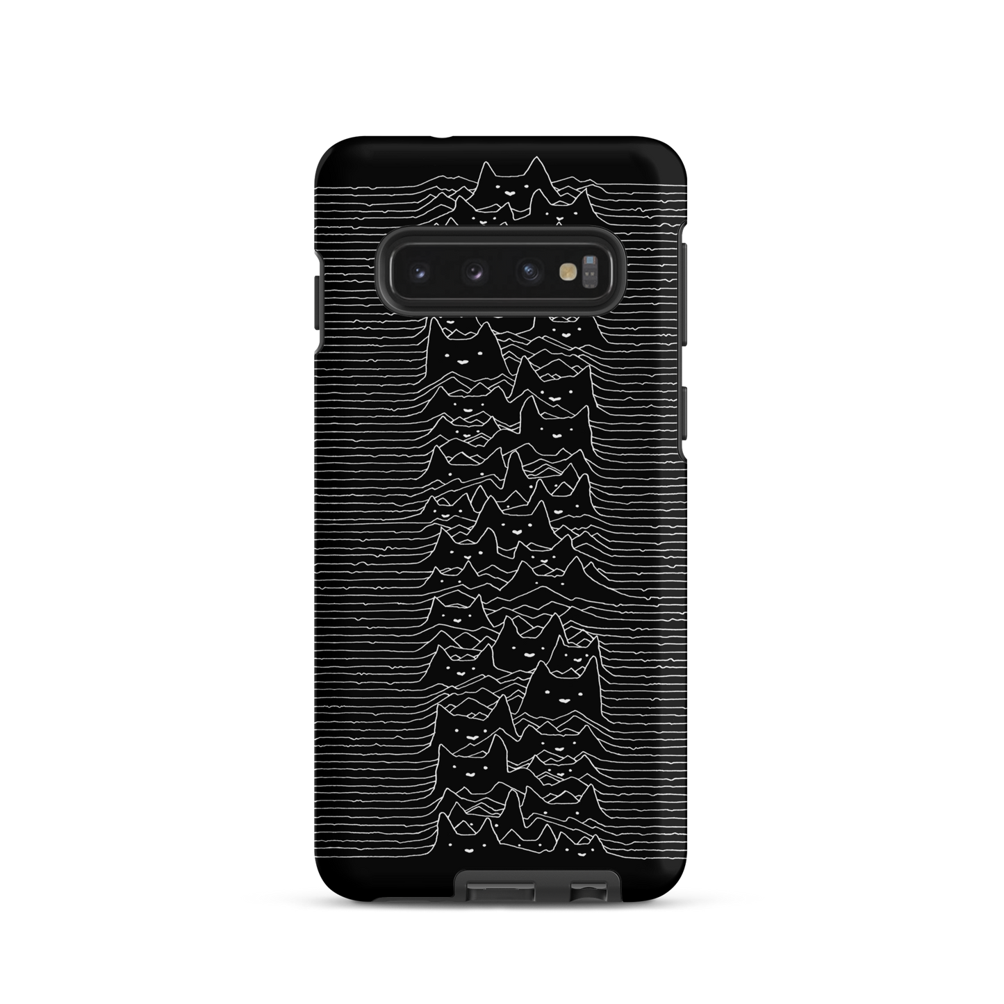 The drawing is a series of continuous wavy lines forming a pattern reminiscent of sound waves or topographic maps, but with an unexpected twist: the lines create the shapes of numerous cat faces stacked vertically. Each cat has simple, expressive features with pointed ears, adding a whimsical element to the otherwise structured pattern.