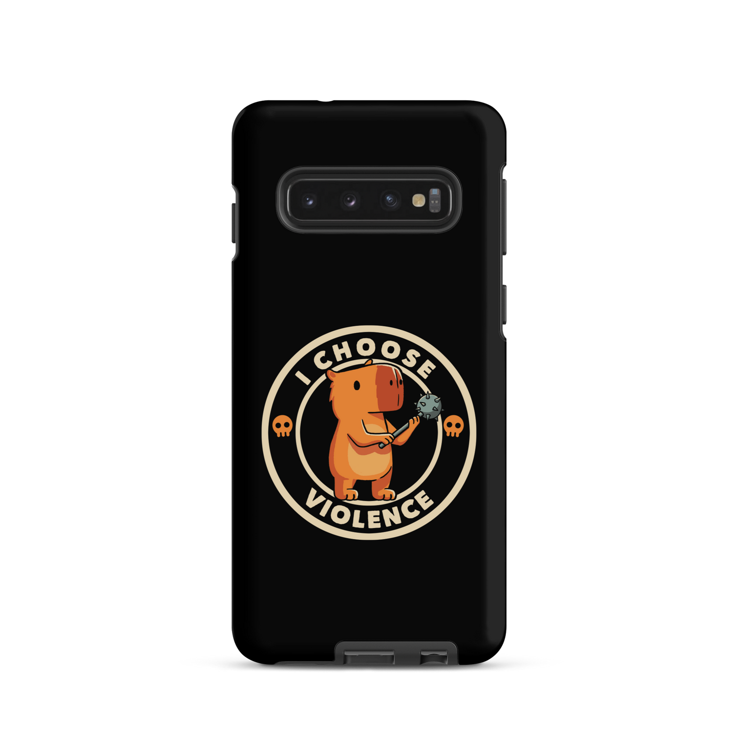 A cute, cartoonish burnt yellow capybara stands holding a spiked mace with a determined expression. Surrounding it is a circular design with the text 'I CHOOSE VIOLENCE' and two small skulls on either side, giving it a humorous yet ironic tone.