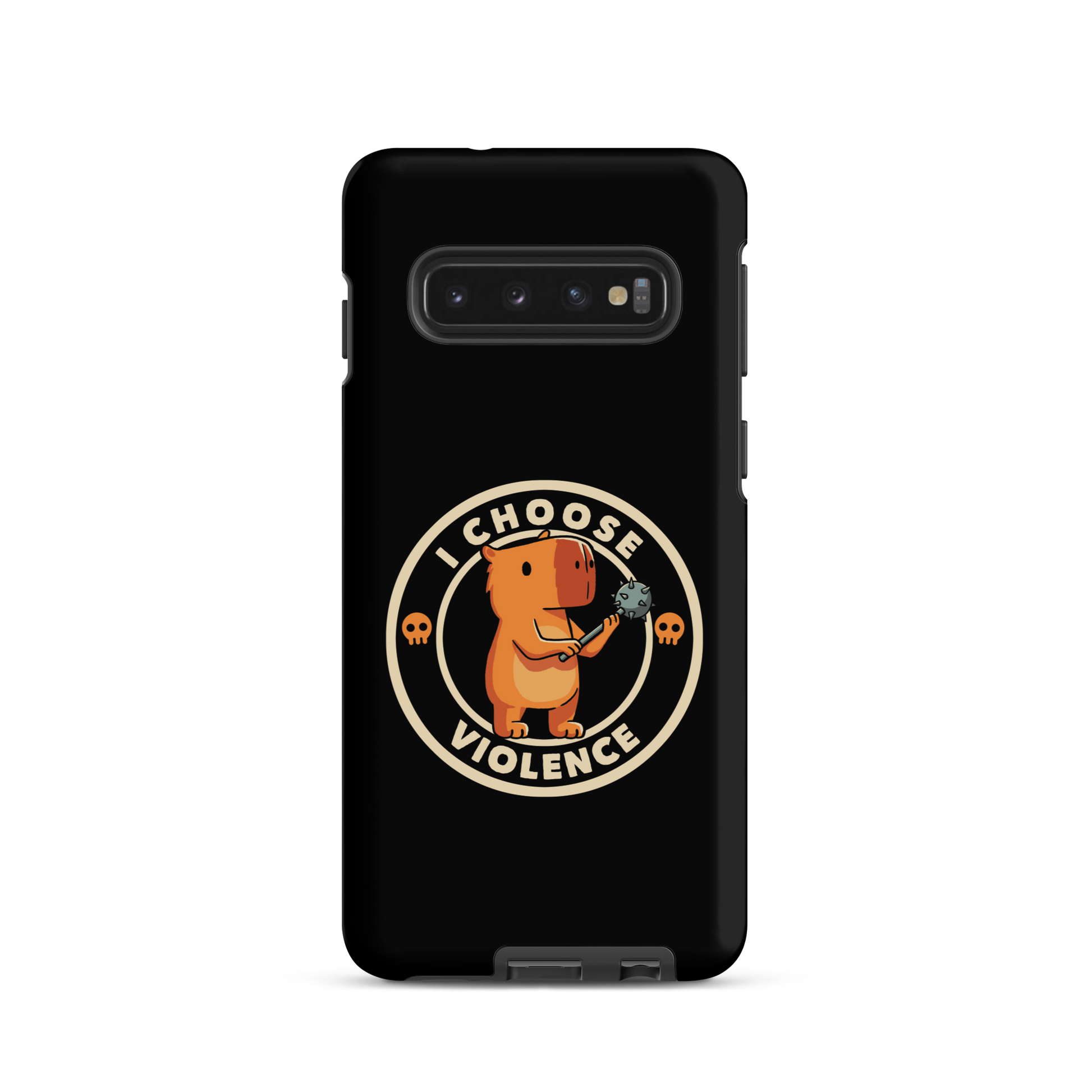 A cute, cartoonish burnt yellow capybara stands holding a spiked mace with a determined expression. Surrounding it is a circular design with the text 'I CHOOSE VIOLENCE' and two small skulls on either side, giving it a humorous yet ironic tone.