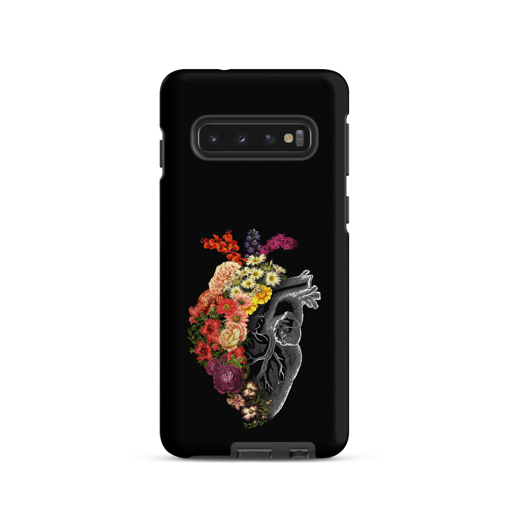The design is an intricate and anatomical drawing of a human heart on a black background. The left side of the heart morphs into a vibrant assortment of colorful flowers, including roses, daisies, and other blooming blossoms, creating a striking contrast between the realistic and the surreal, symbolizing the harmony between nature and humanity.